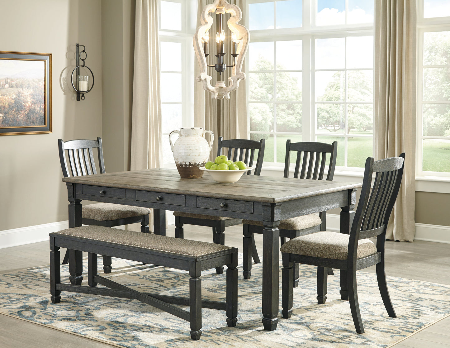 Tyler Creek Black/Gray Dining Table, 4 Chairs and Bench