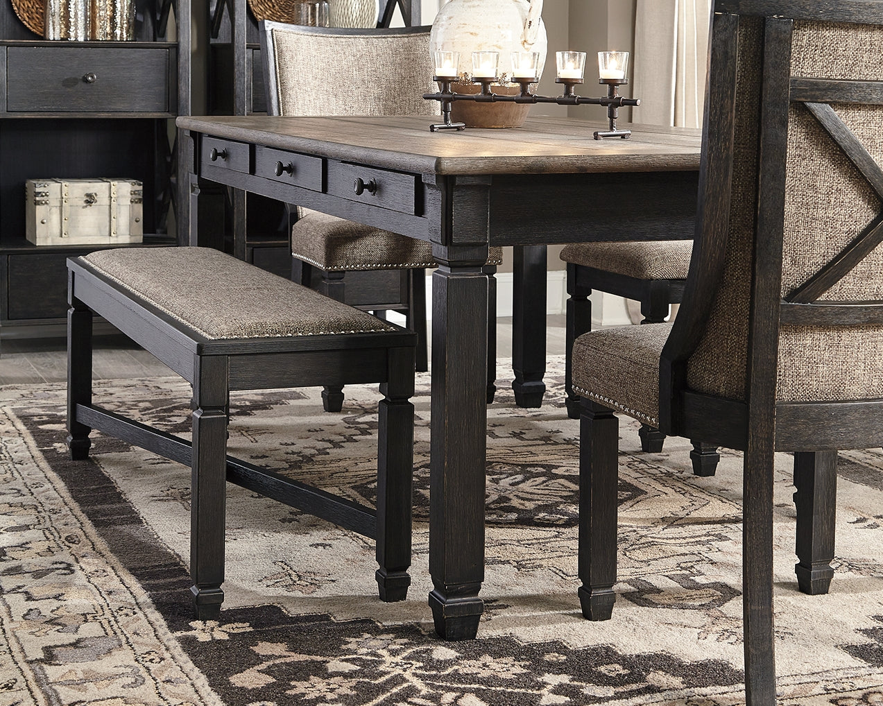 Tyler Creek Black/Grayish Brown Dining Table and 4 Chairs with Bench