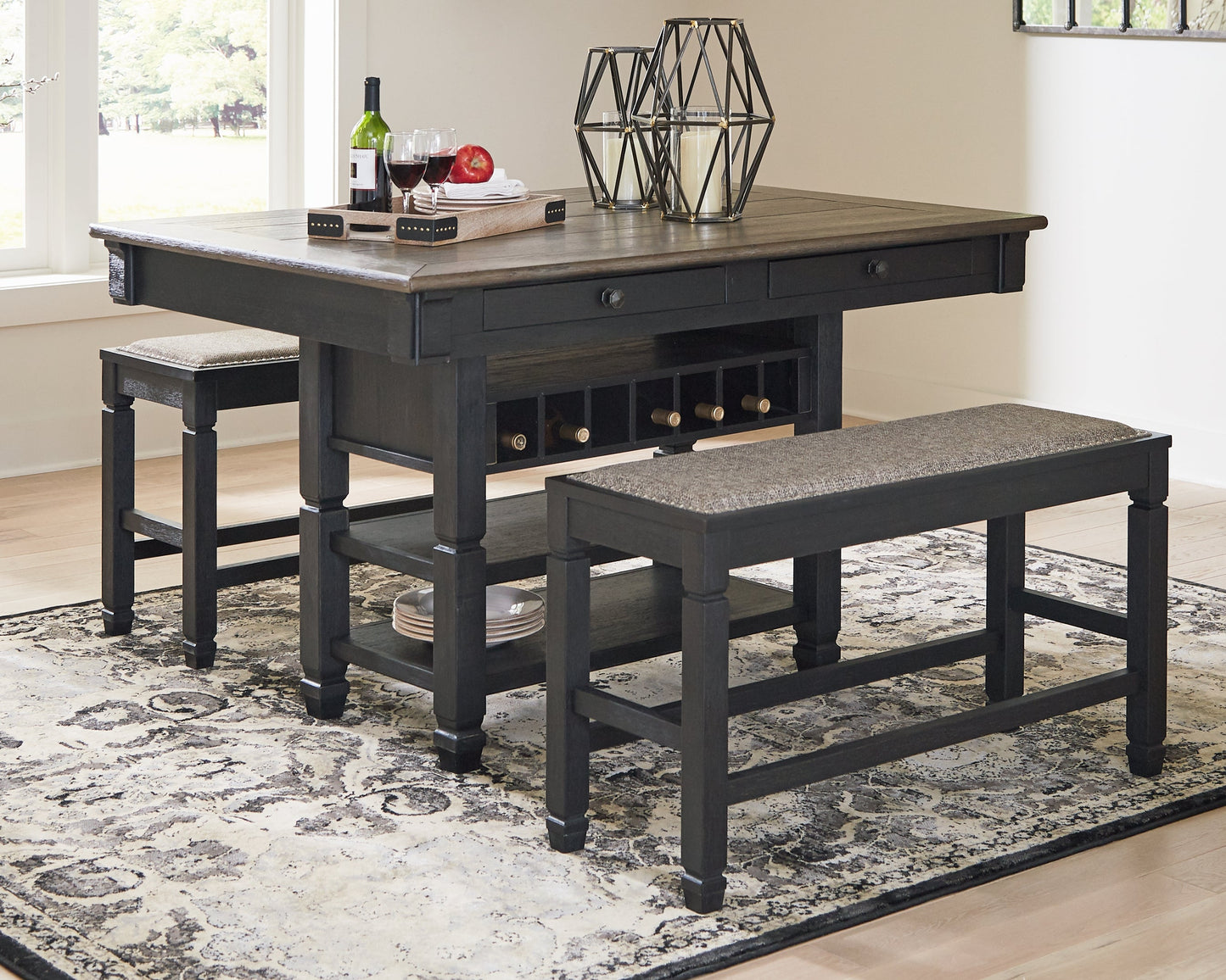 Tyler Creek Black/Grayish Brown Counter Height Dining Table and 4 Barstools with Server