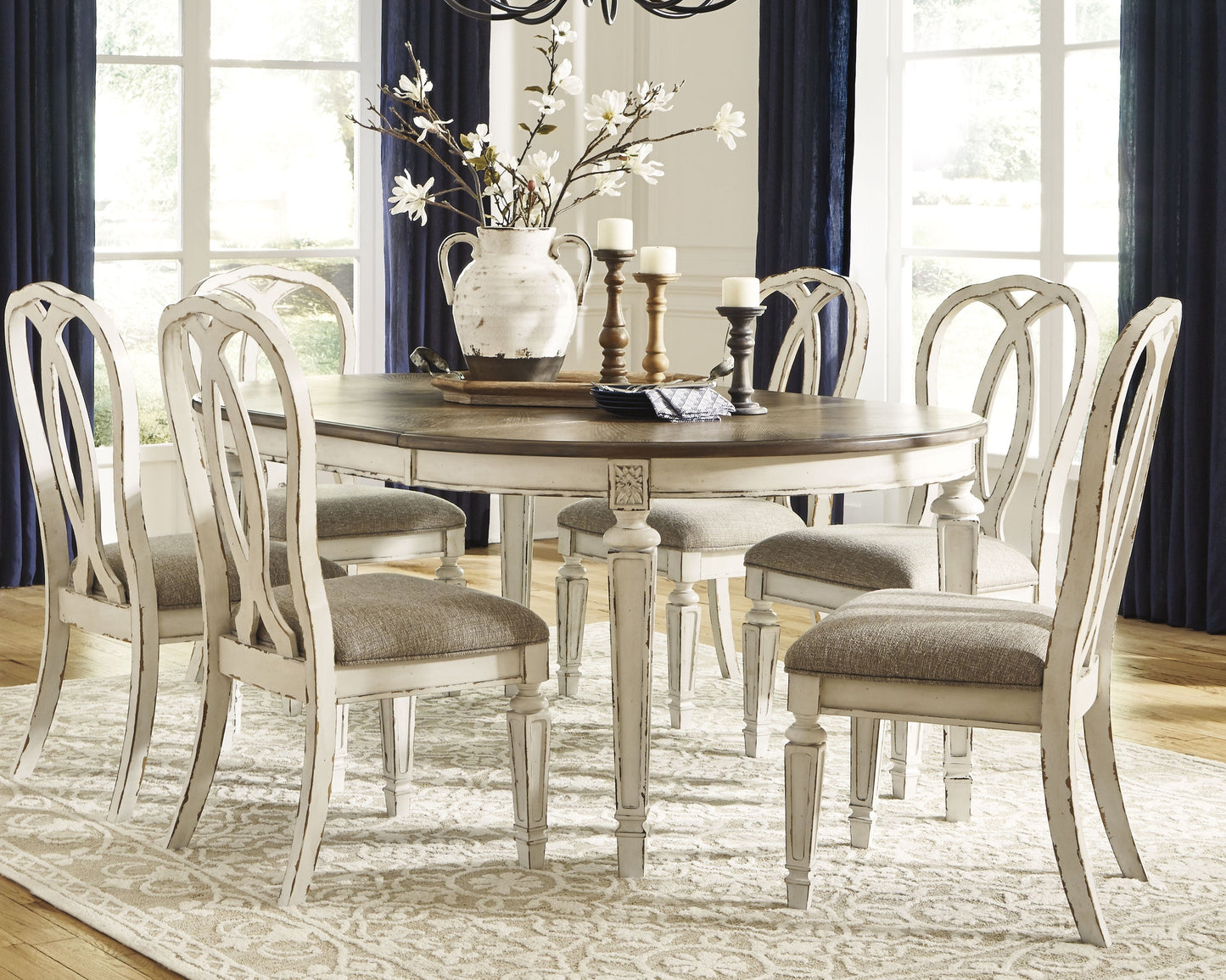 Realyn Chipped White Dining Table and 6 Chairs with Server