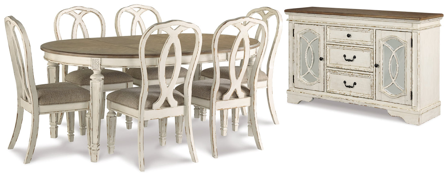 Realyn Chipped White Dining Table and 6 Chairs with Server