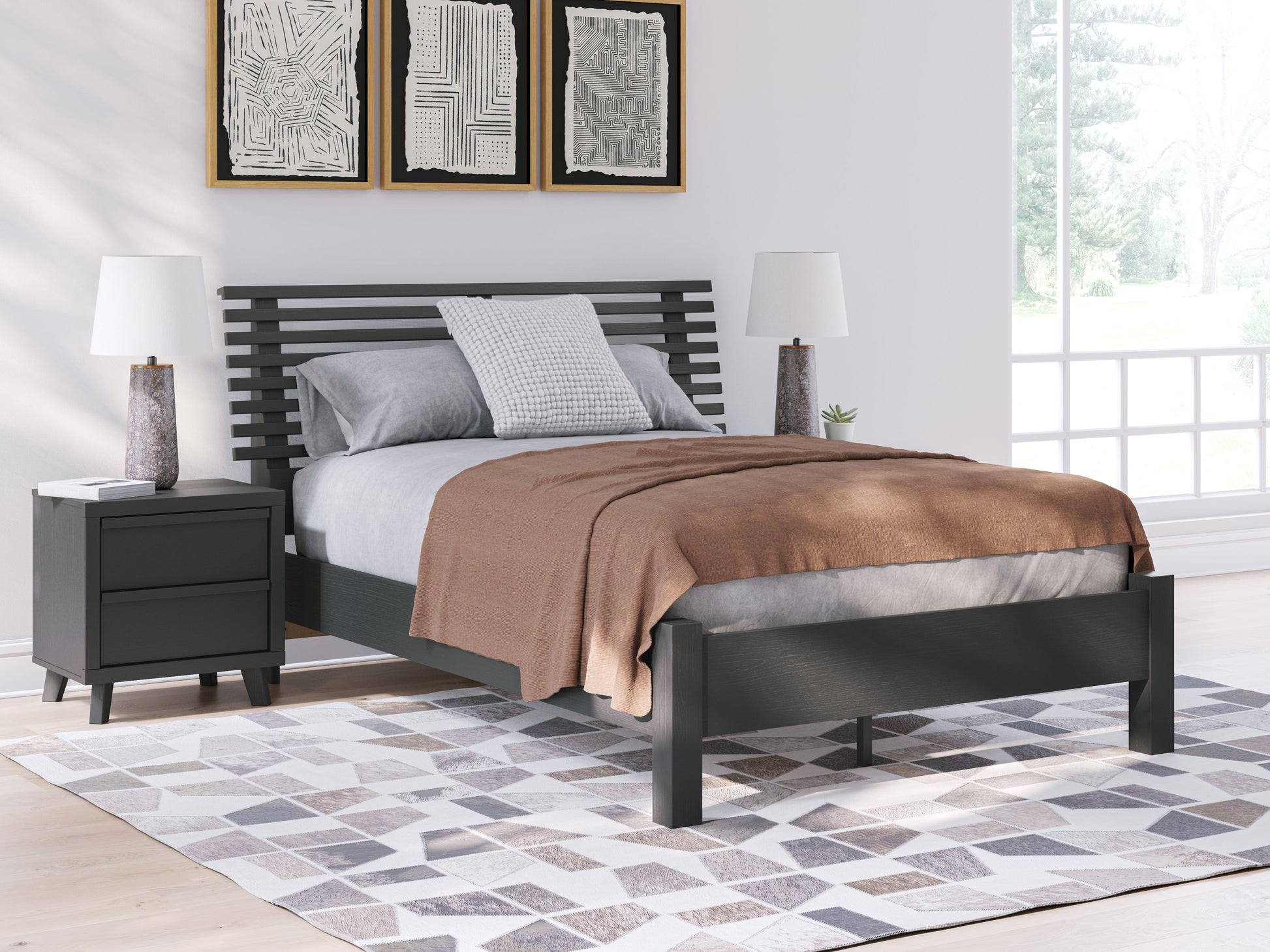 Danziar Black Full Slat Panel Bed- Viva Furn