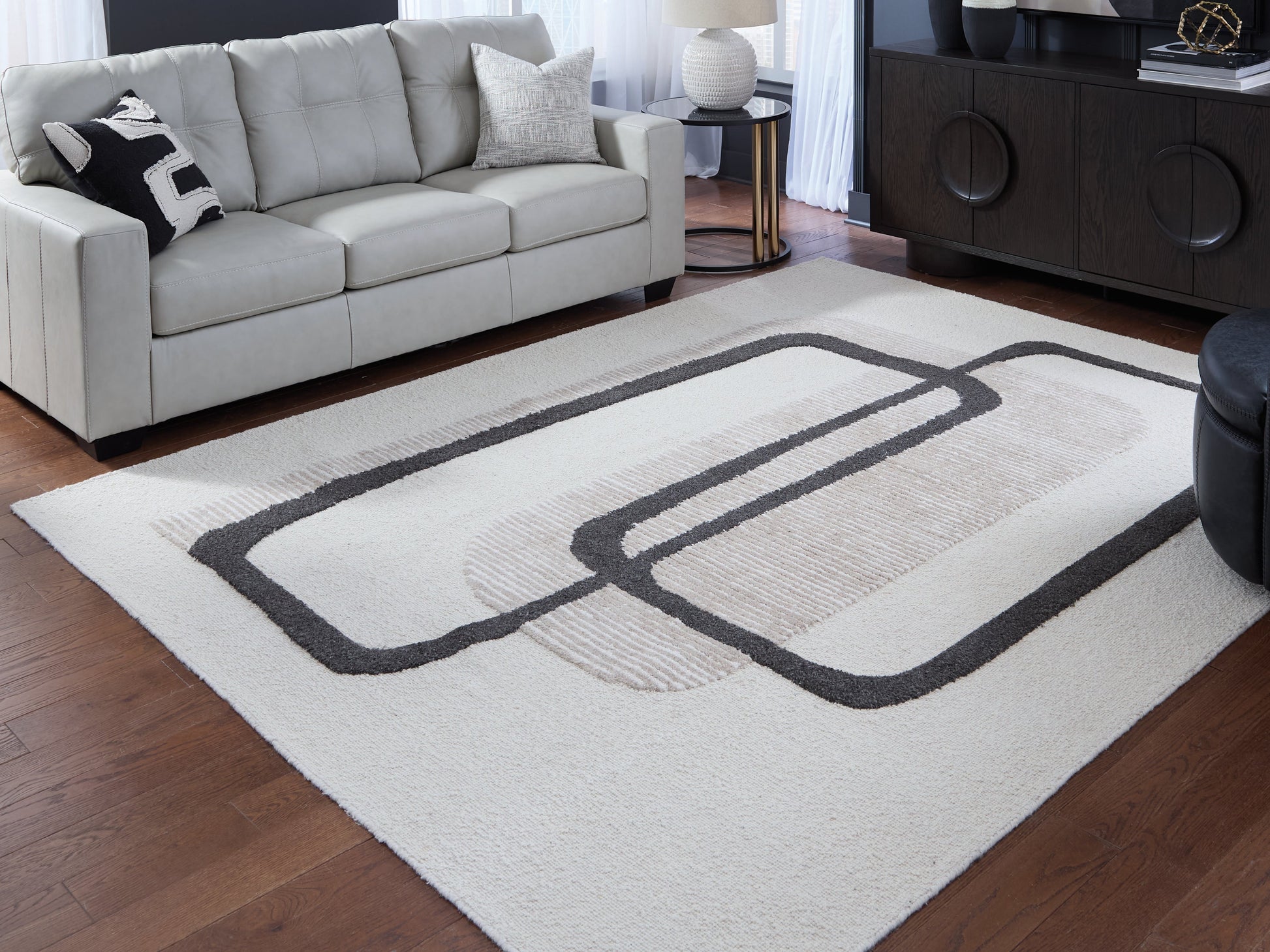 Davismour Ivory/Taupe/Charcoal Large Rug- Viva Furn
