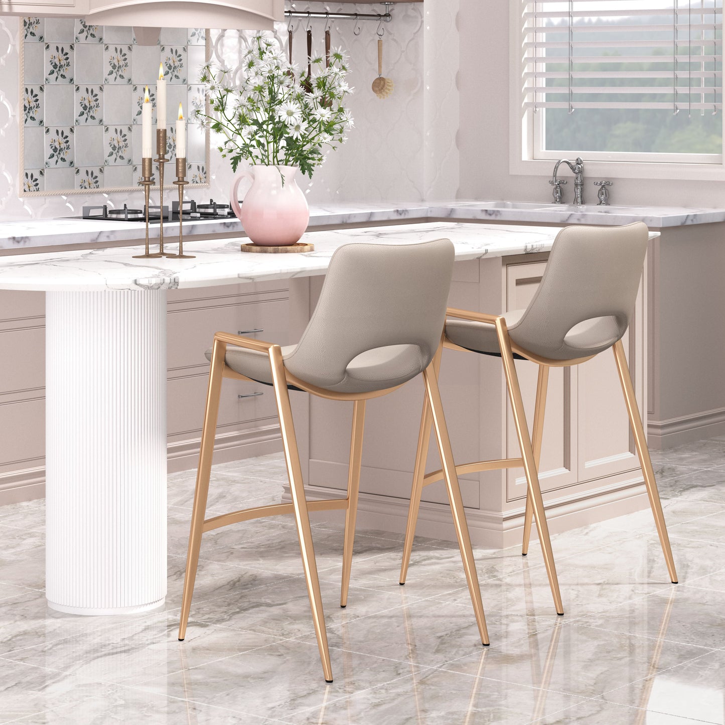 Desi Beige & Gold Counter Stool (Set of 2) - Ornate Home