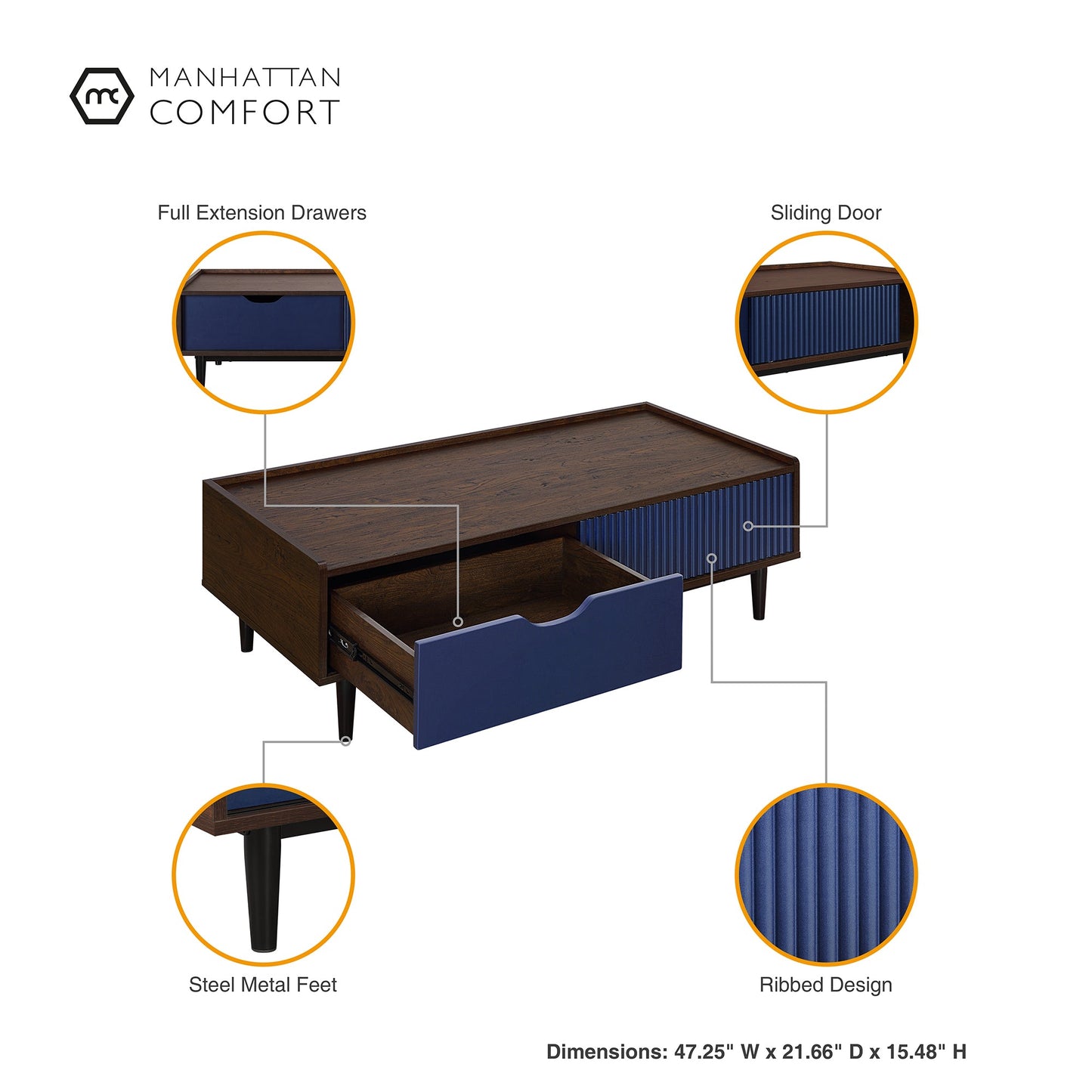 Duane Coffee Table in Dark Brown and Navy Blue - Ornate Home