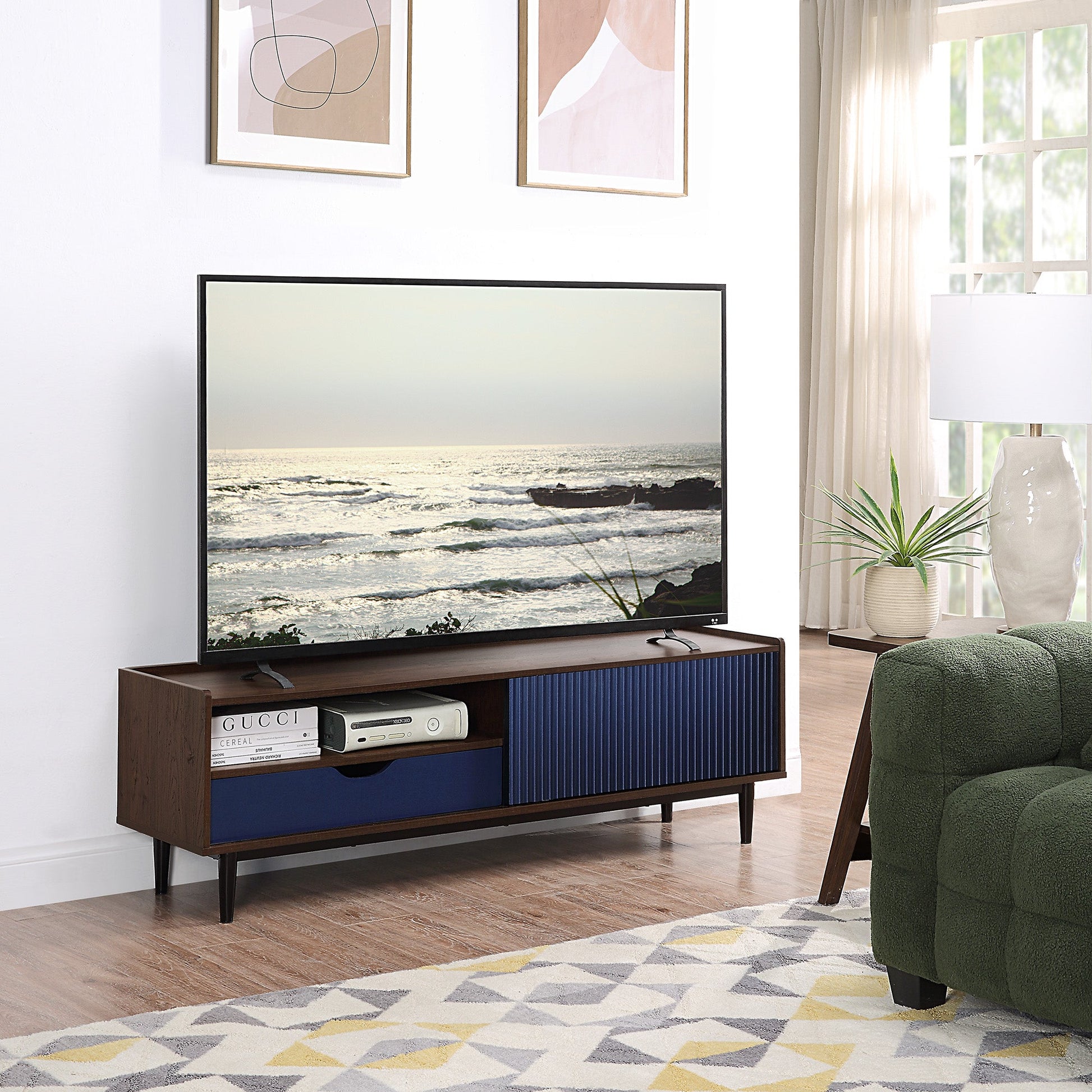 Duane TV Stand in Dark Brown and Navy Blue - Ornate Home
