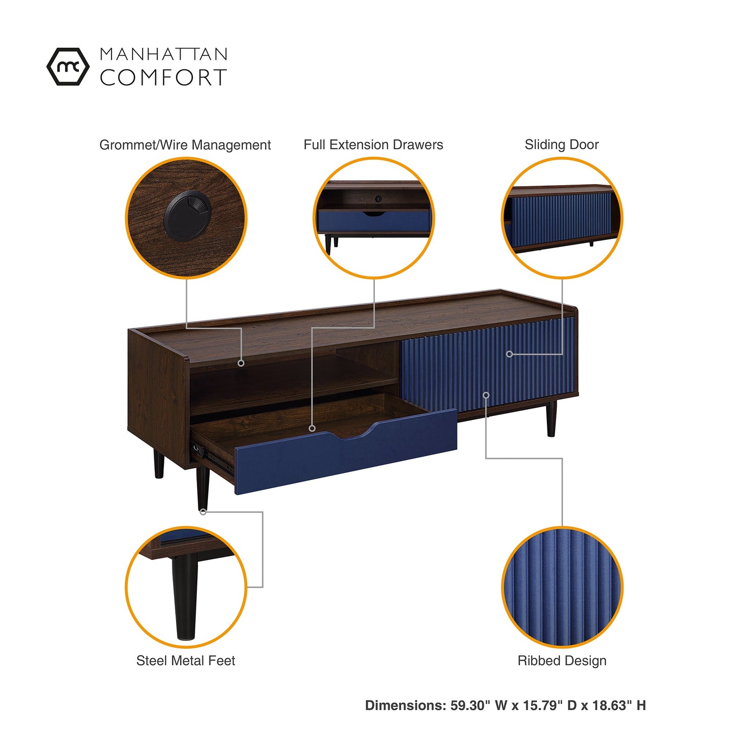 Duane TV Stand in Dark Brown and Navy Blue - Ornate Home