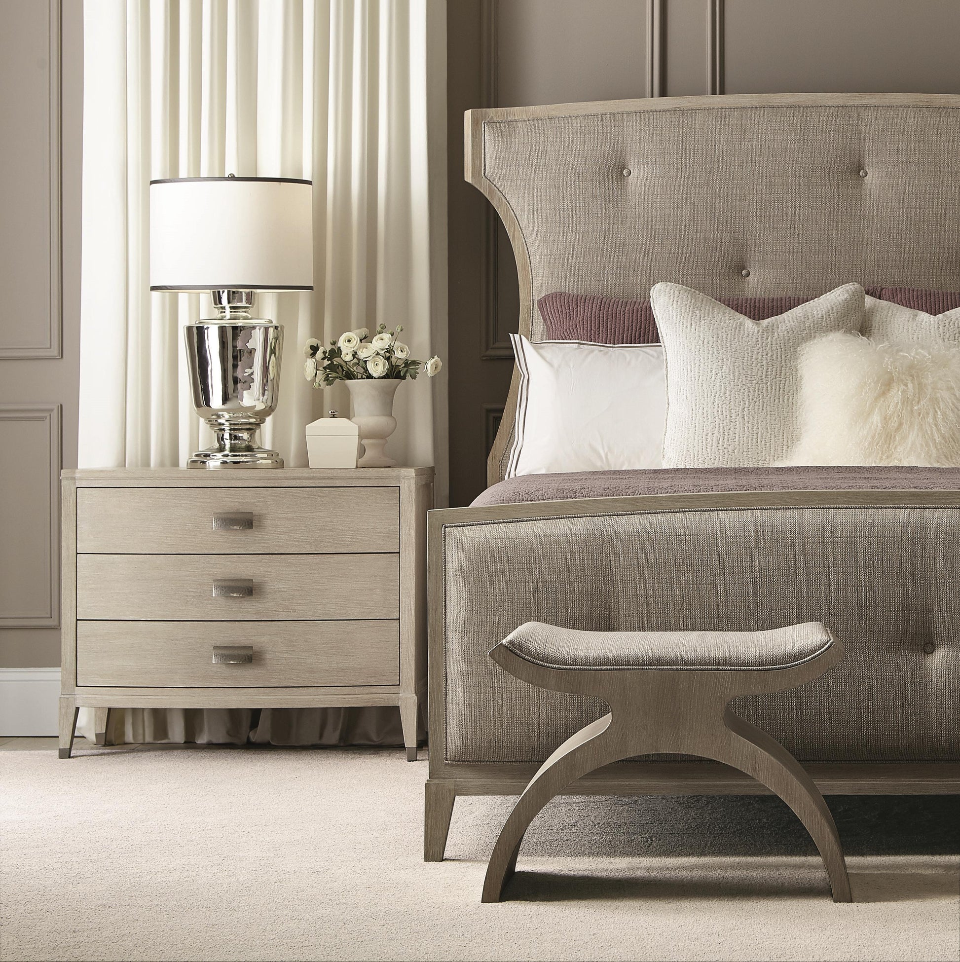 East Hampton Cerused Linen/Grey Bench - Ornate Home
