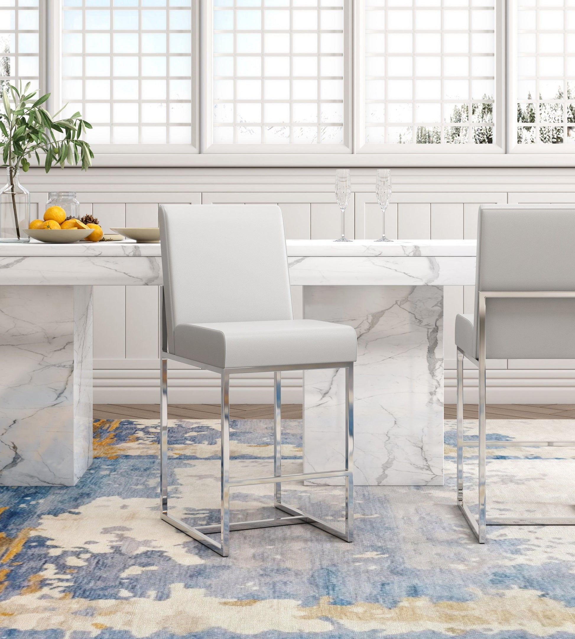 Element Faux Leather Bar Stool in Pearl White and Polished Chrome (set of 2) - Ornate Home