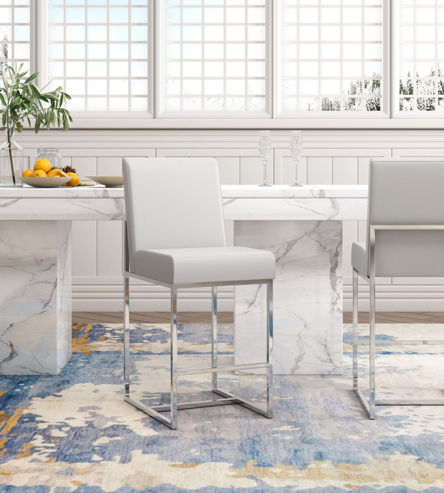 Element Faux Leather Counter Stool in Pearl White and Polished Chrome (Set of 3) - Ornate Home