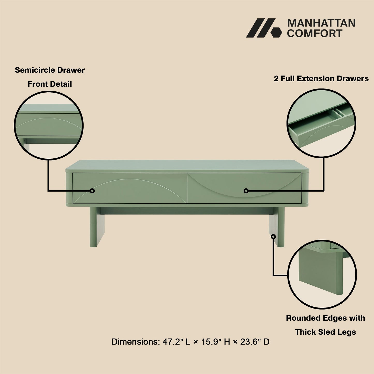 Ella 47.2" Coffee Table in Sage Green - Ornate Home