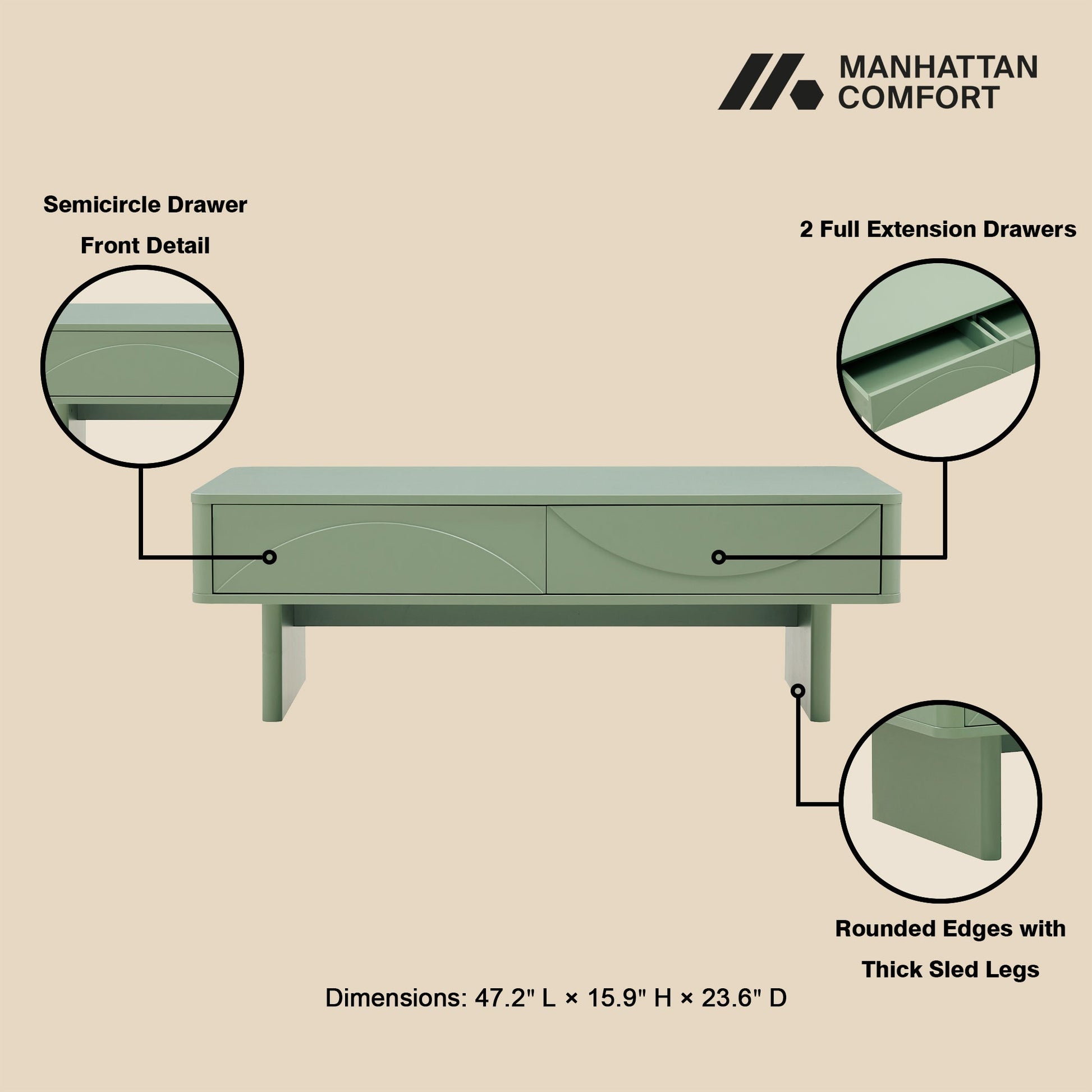Ella 47.2" Coffee Table in Sage Green - Ornate Home