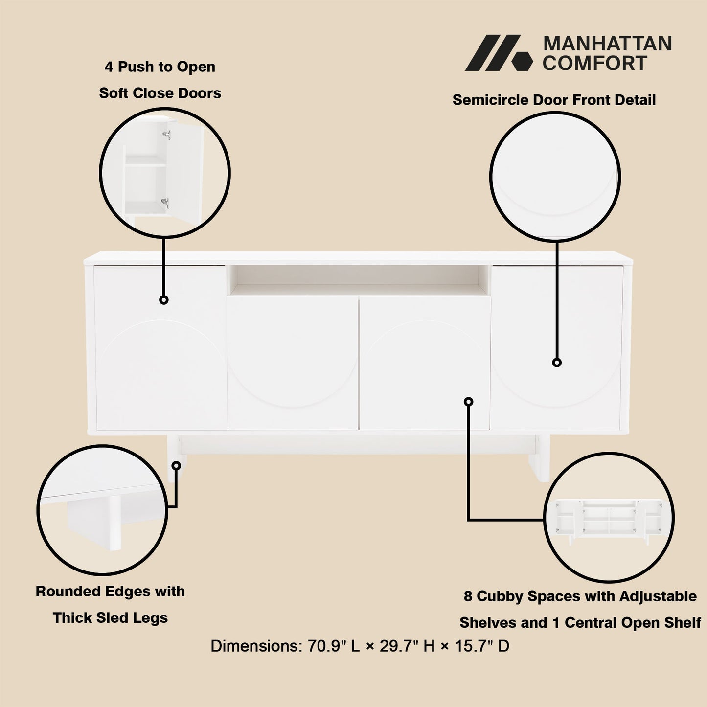 Ella 70.86" Sideboard in White - Ornate Home