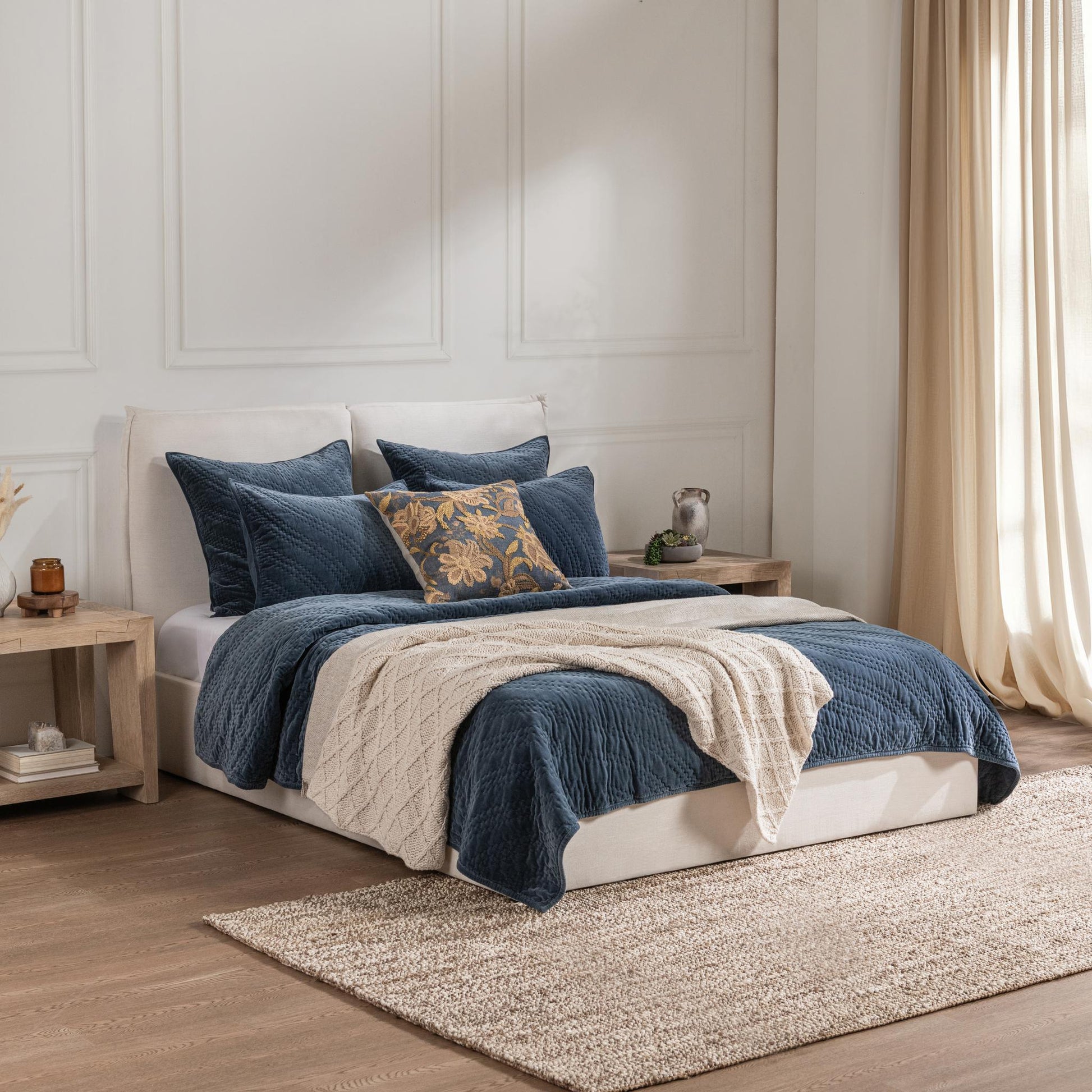 Elms Crisp Blue Velvet Quilt Collection - Ornate Home