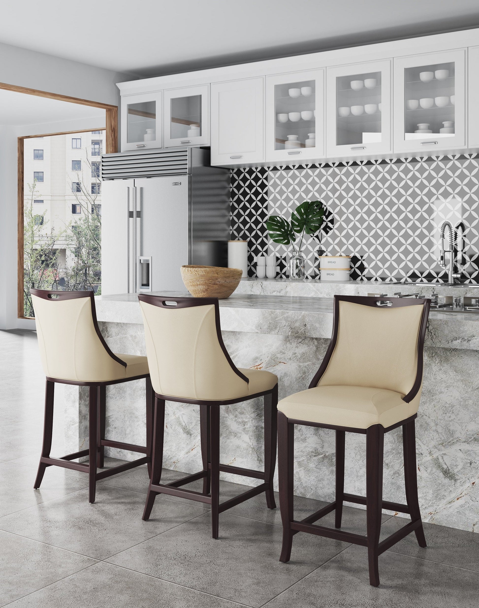 Emperor Bar Stool in Cream and Walnut (set of 3) - Ornate Home