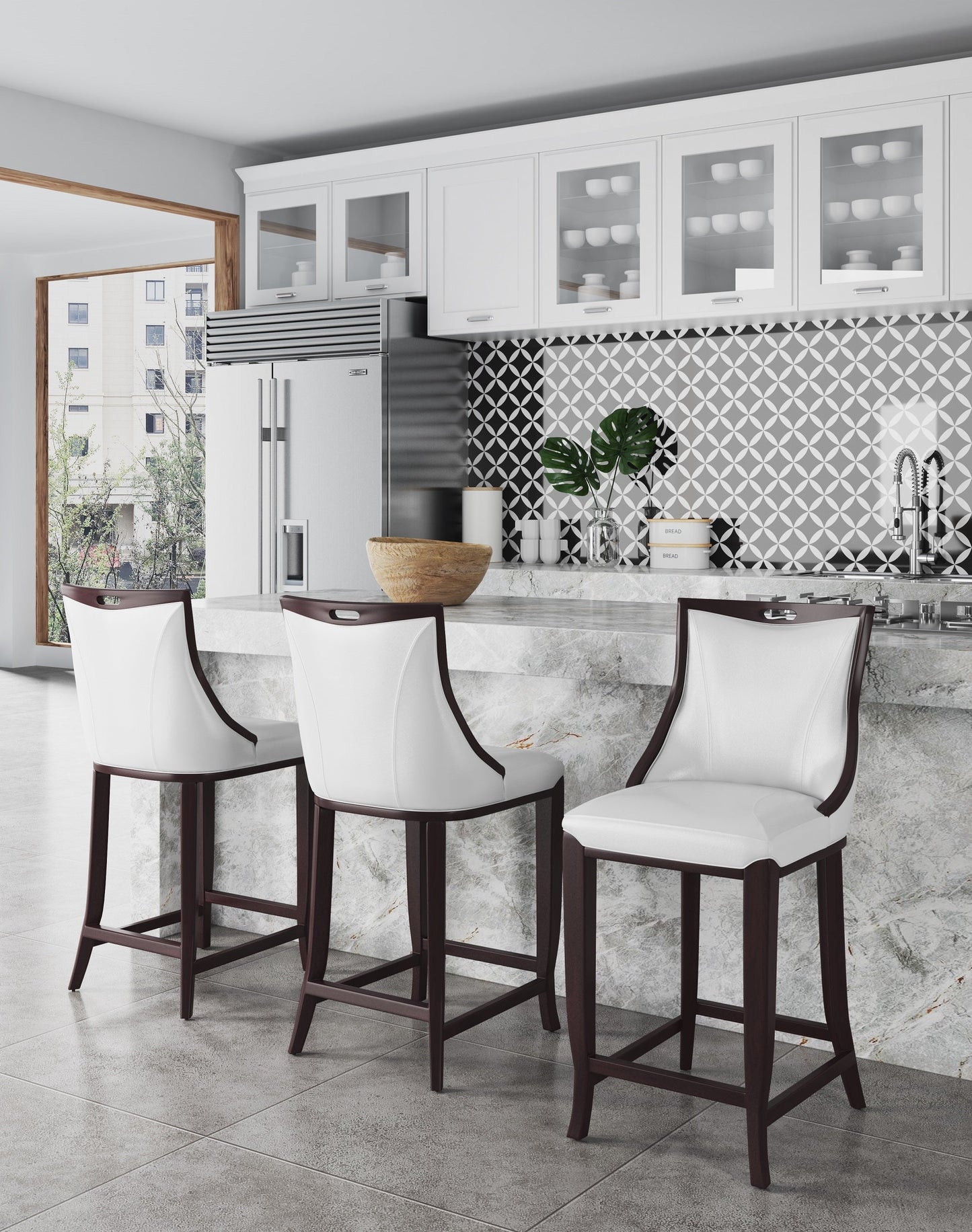 Emperor Bar Stool in Pearl White and Walnut (Set of 2) - Ornate Home