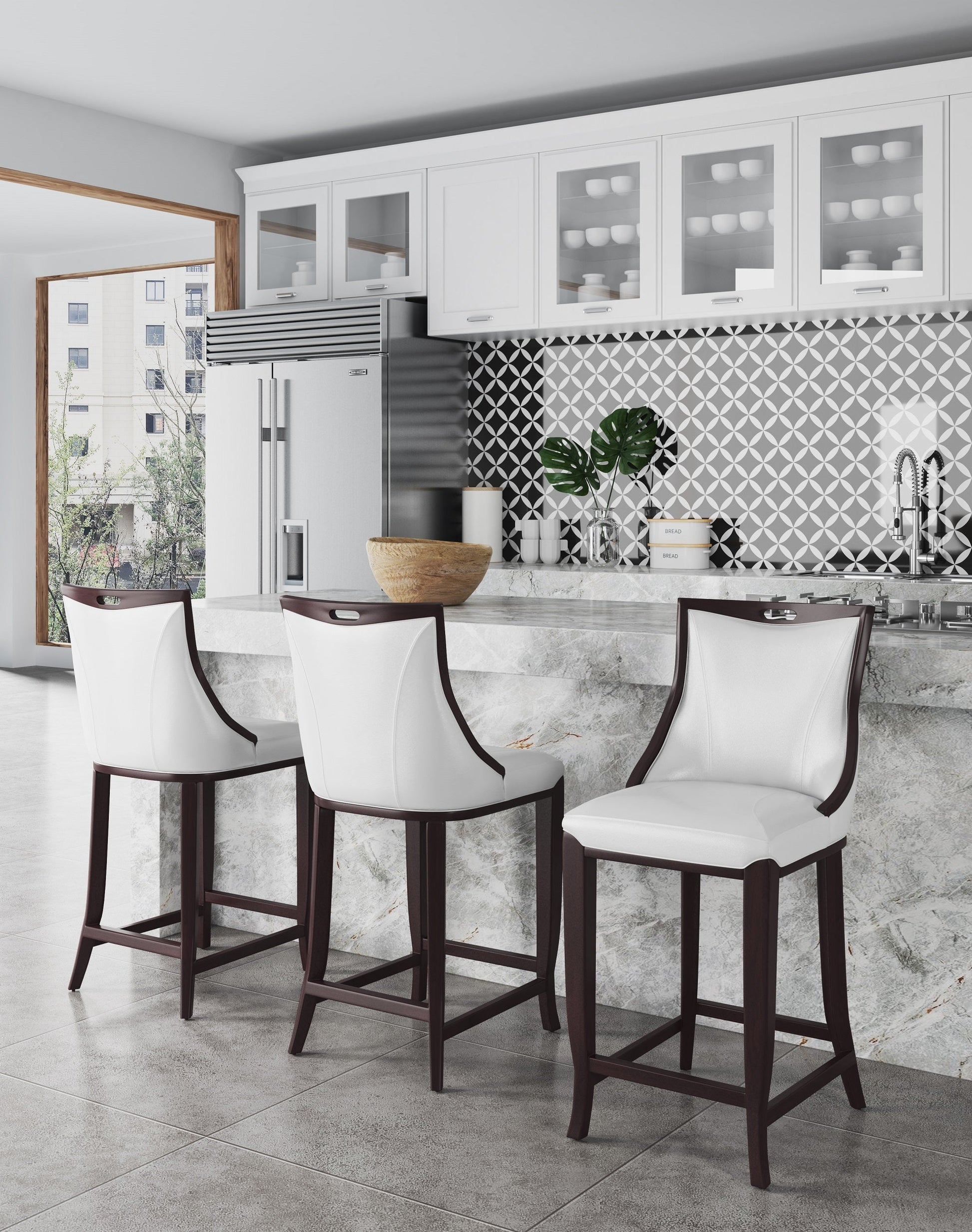 Emperor Bar Stool in Pearl White and Walnut (Set of 2) - Ornate Home