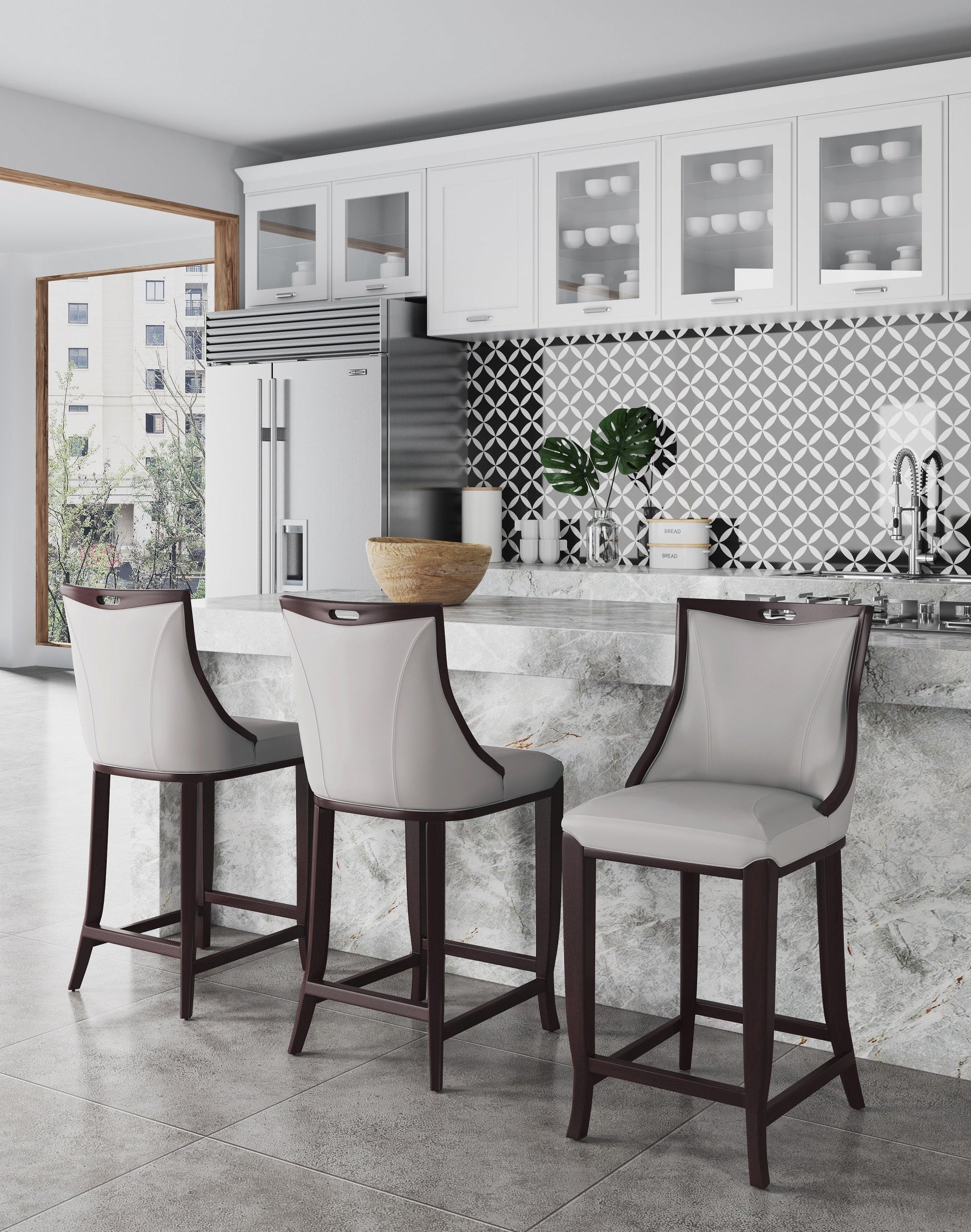 Emperor Faux Leather Barstool in Light Grey (set of 3) - Ornate Home