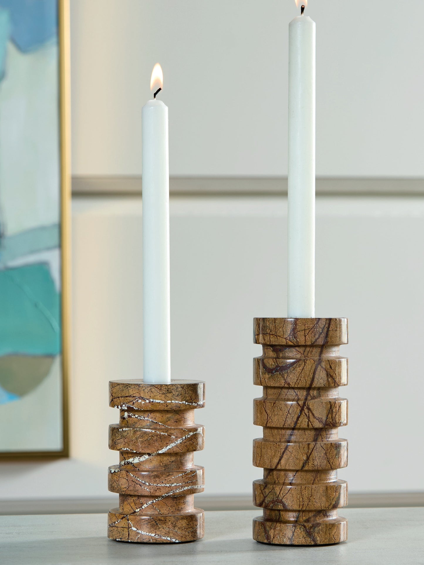 Emsleyfield Tan Candle Holder Set (Set of 2)- Viva Furn