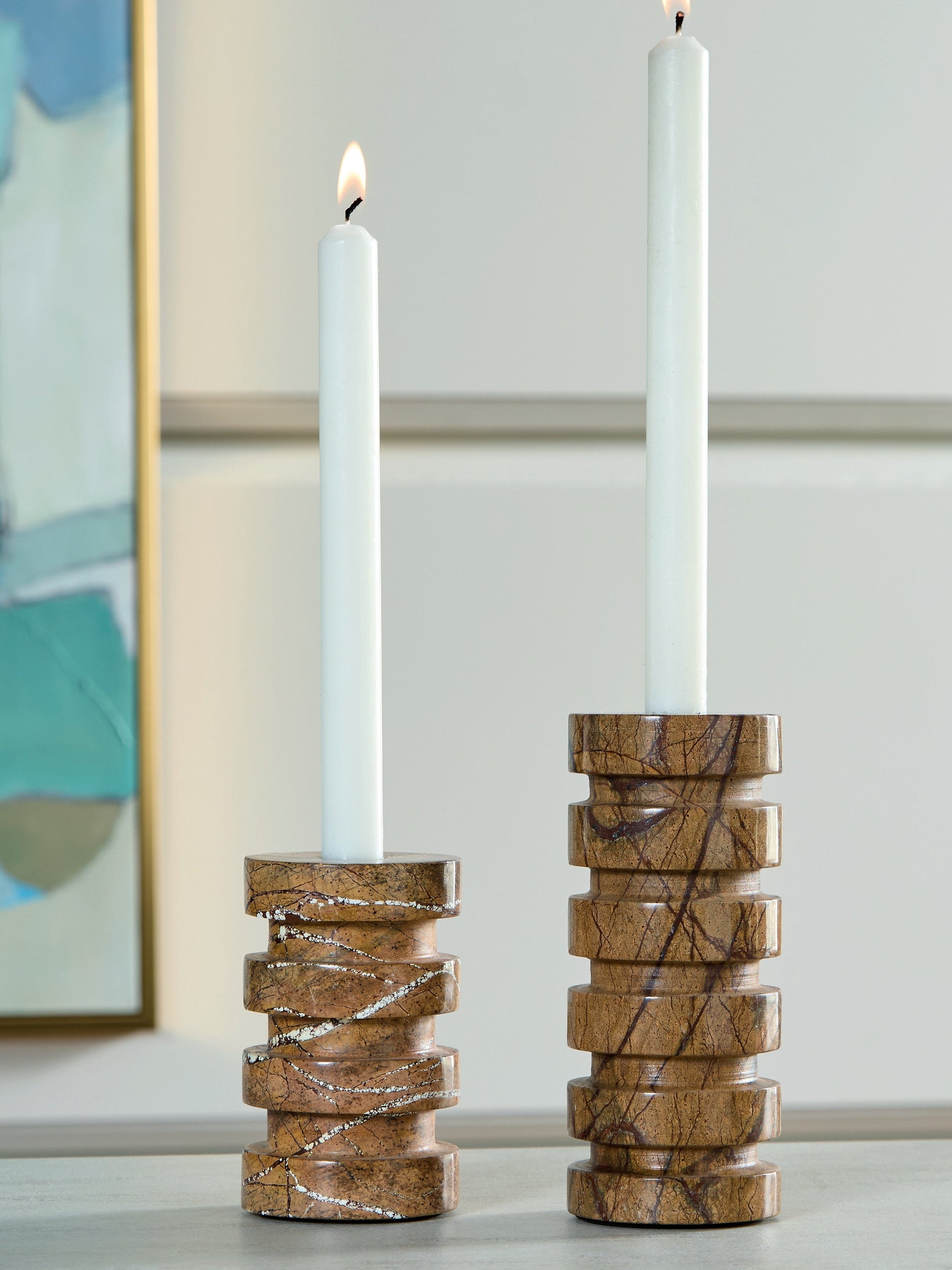 Emsleyfield Tan Candle Holder Set (Set of 2)- Viva Furn
