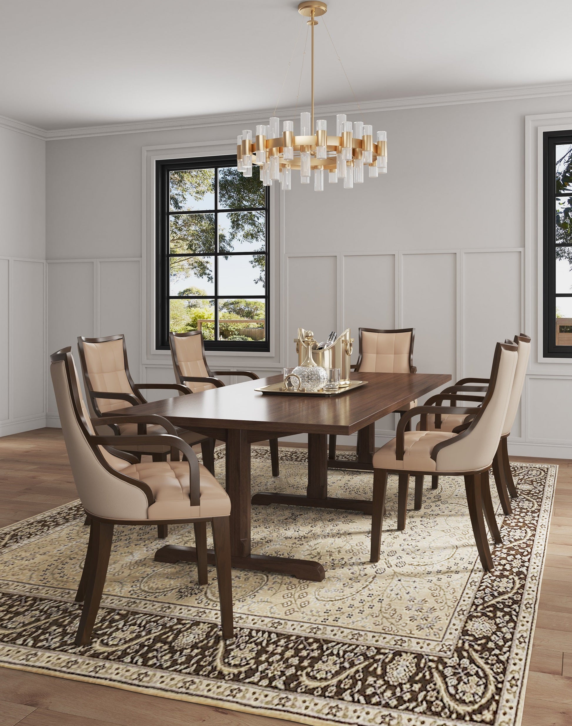 Fifth Avenue Faux Leather and Velvet Dining Armchair in Tan and Walnut - Ornate Home