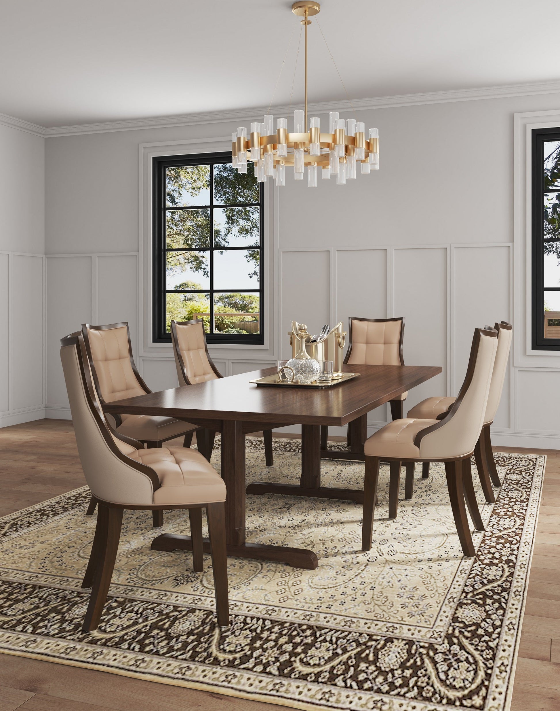 Fifth Avenue Faux Leather and Velvet Dining Chair in Tan and Walnut (set of 4) - Ornate Home