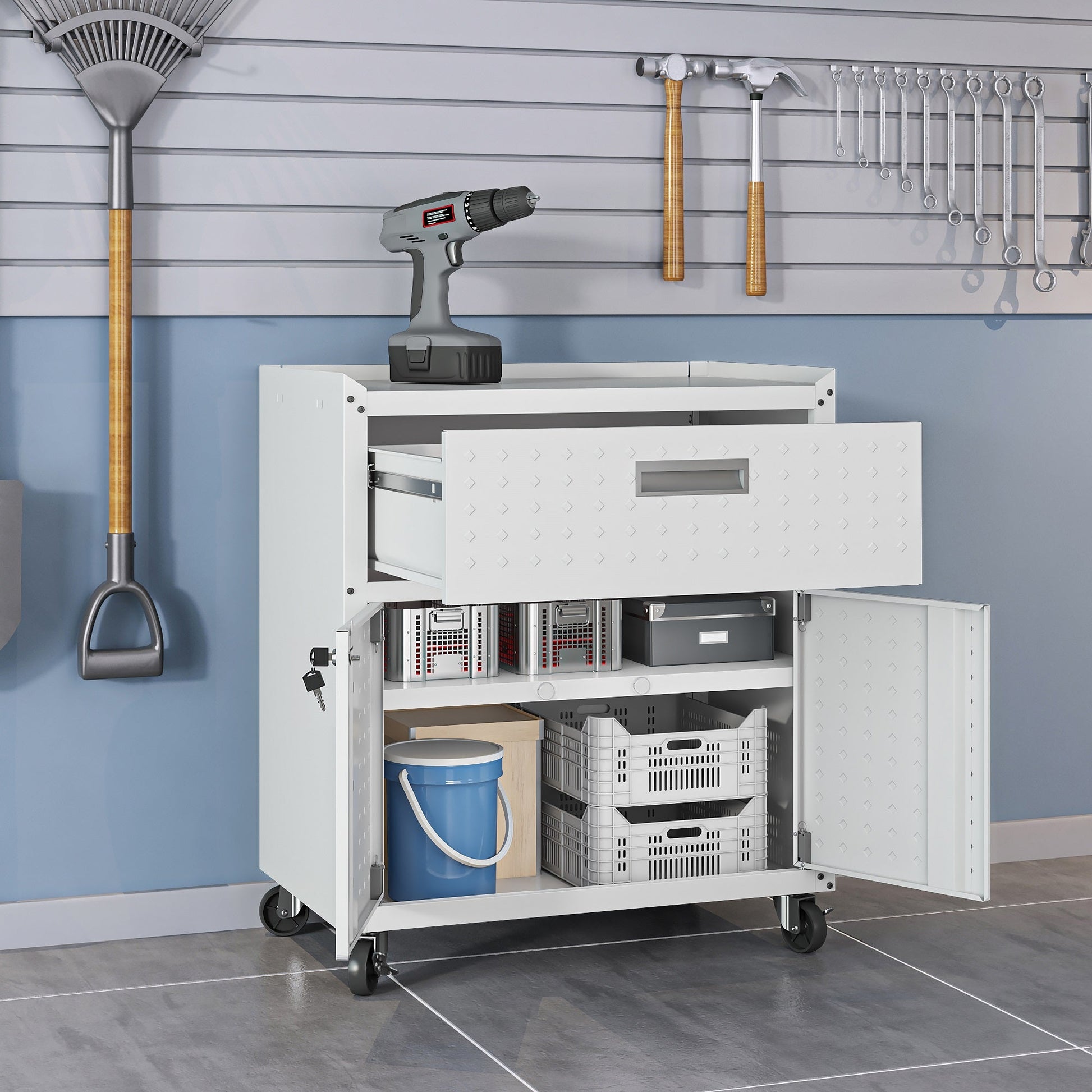 Fortress 31.5" Mobile Garage Cabinet with Drawer and Shelves in White - Ornate Home
