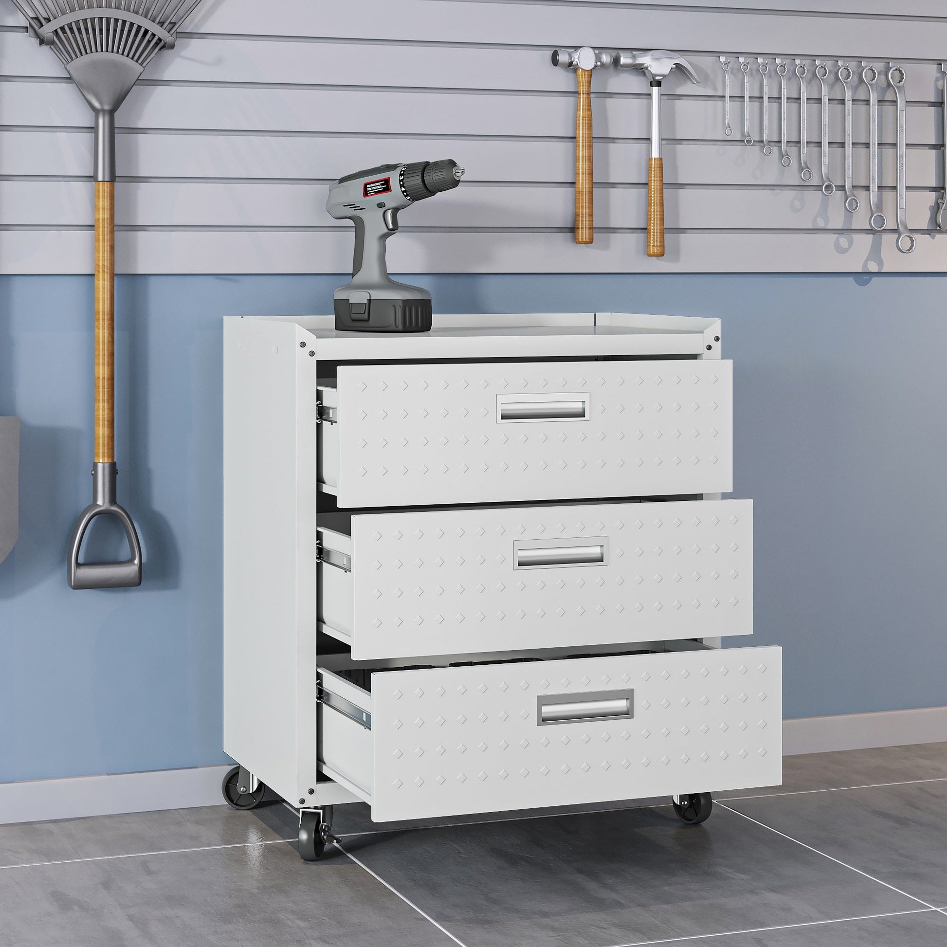 Fortress 31.5" Mobile Garage Chest with Drawers in White - Ornate Home