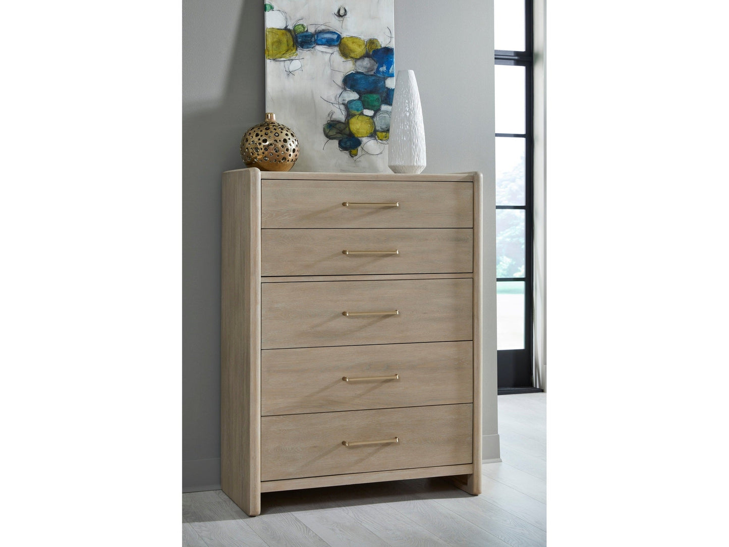 Gardenia Five Drawer Oak Wood Chest in Chai - Ornate Home