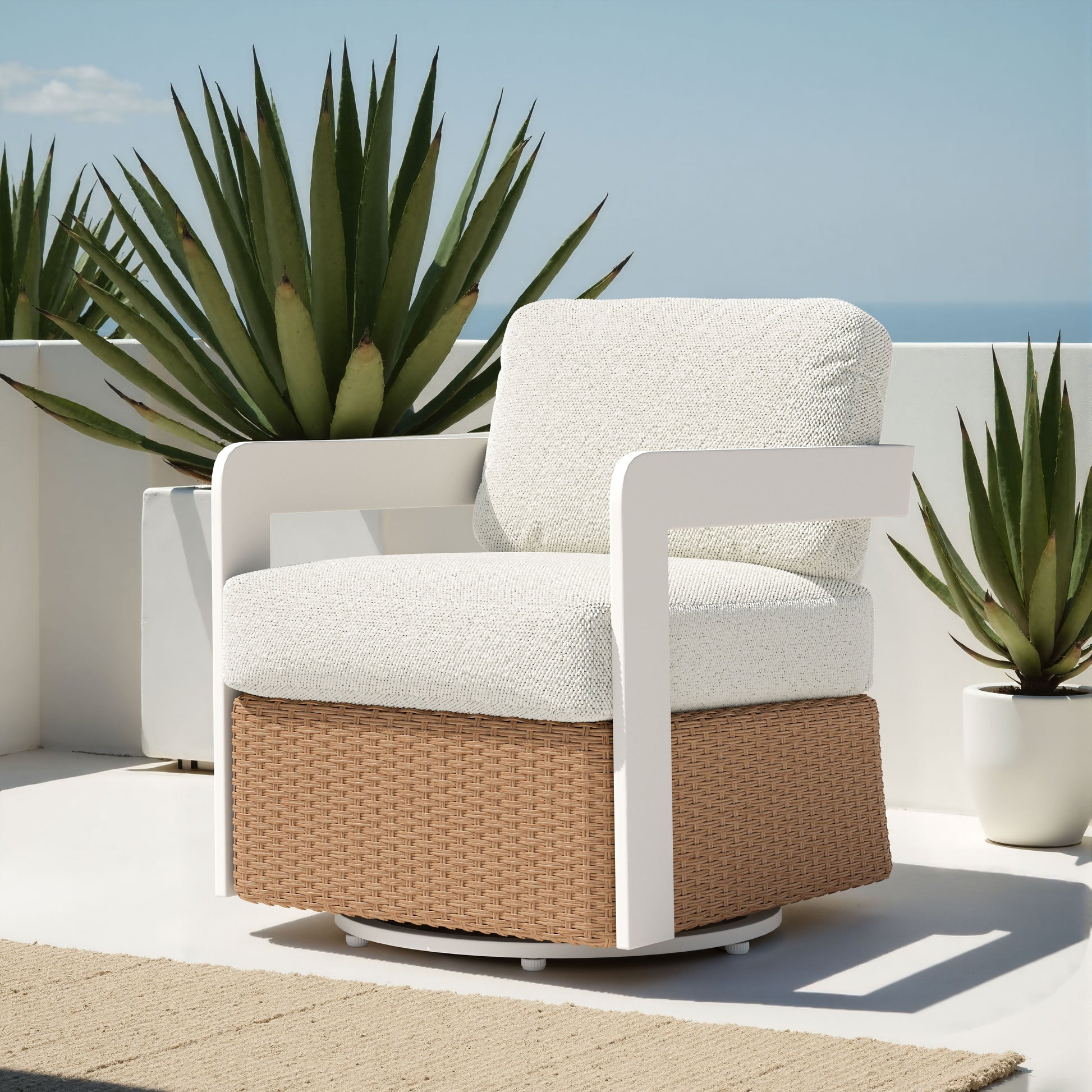 Gelo White & Brown Outdoor Swivel Chair - Ornate Home