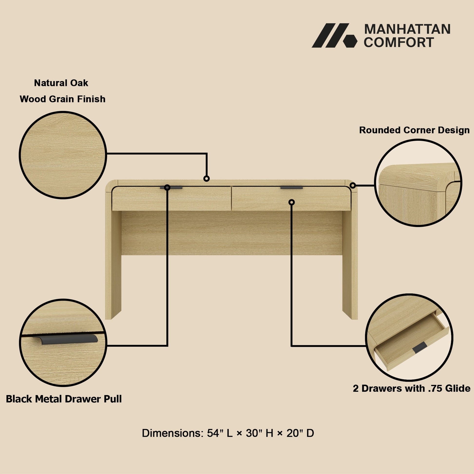 Grace 54" Home Office Desk in Natural Oak and Black - Ornate Home