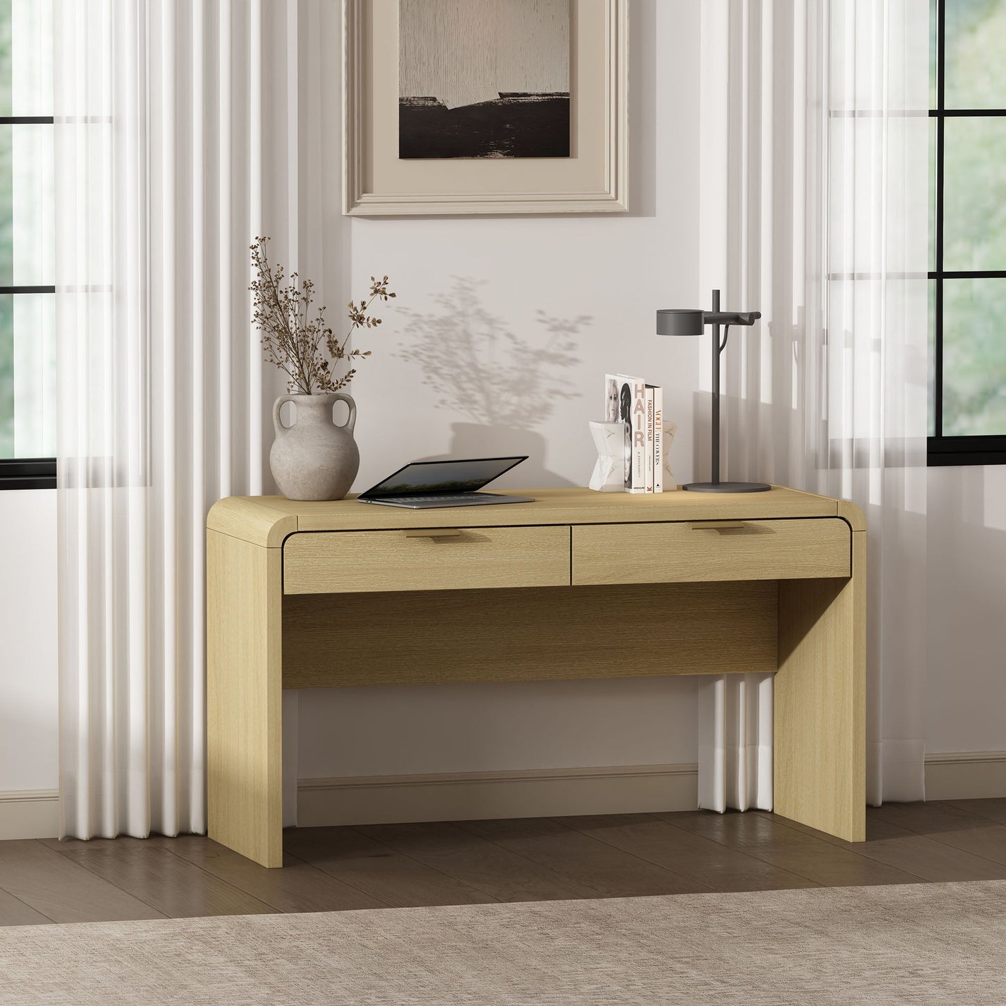 Grace 54" Home Office Desk in Natural Oak and Gold - Ornate Home