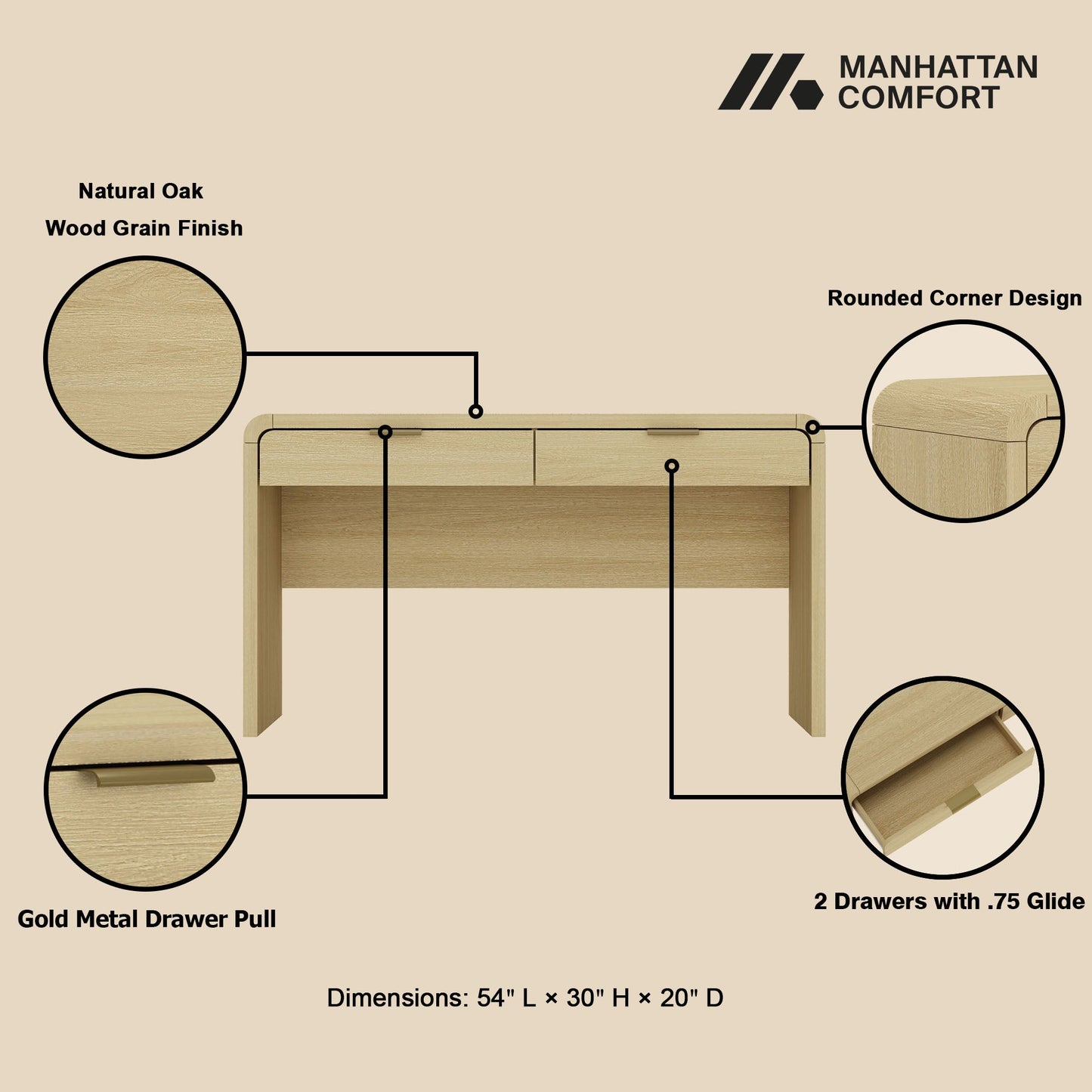 Grace 54" Home Office Desk in Natural Oak and Gold - Ornate Home