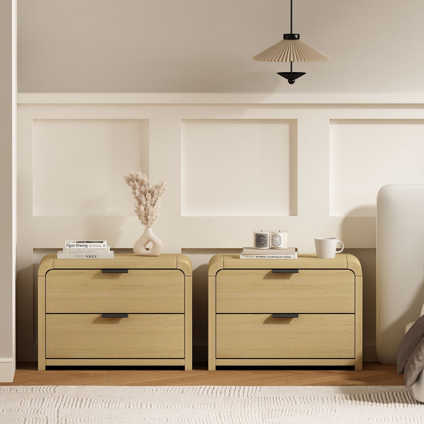 Grace Nightstand in Natural Oak and Black (set of 2) - Ornate Home