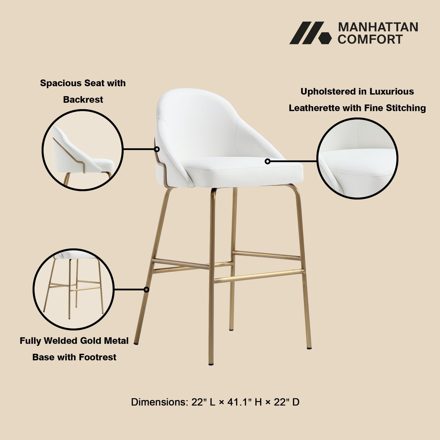 Gracie Barstool in White and Gold - Ornate Home