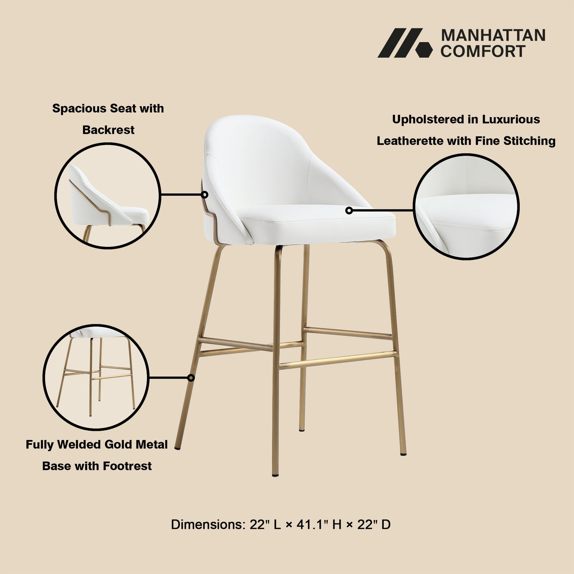 Gracie Barstool in White and Gold (set of 3) - Ornate Home