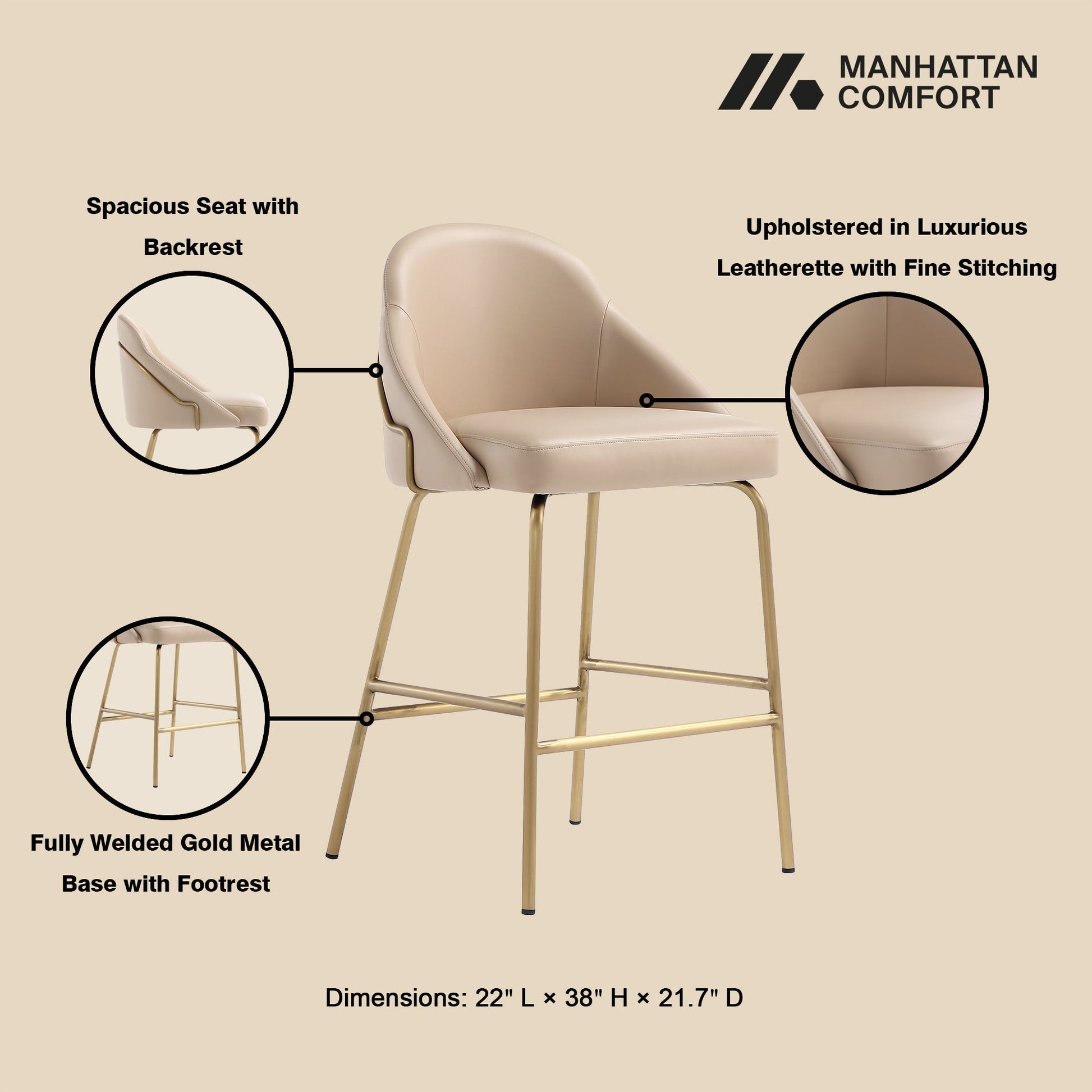 Gracie Counter Stool in Tan and Gold (set of 2) - Ornate Home
