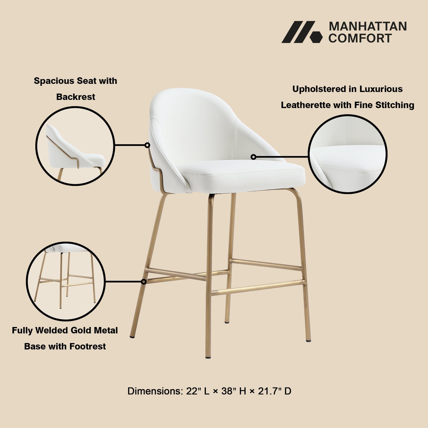 Gracie Counter Stool in White and Gold - Ornate Home