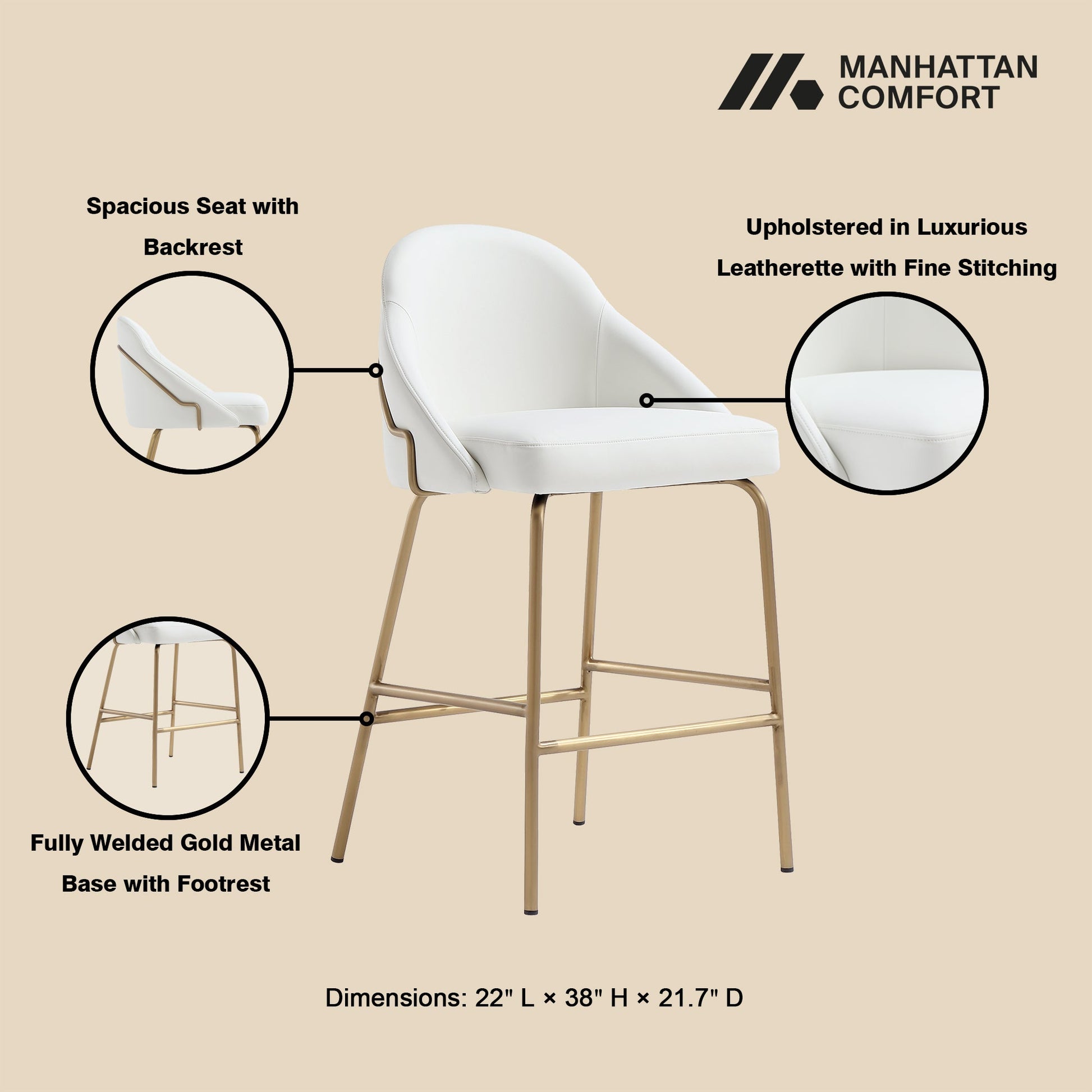 Gracie Counter Stool in White and Gold - Ornate Home