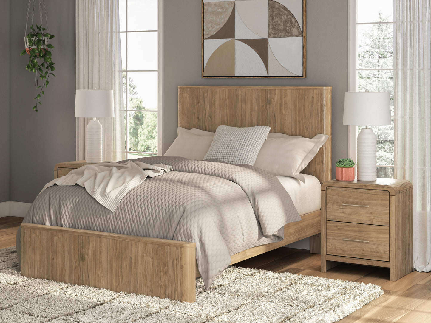 Gramburg Warm Natural Brown Full Panel Platform Bed- Viva Furn
