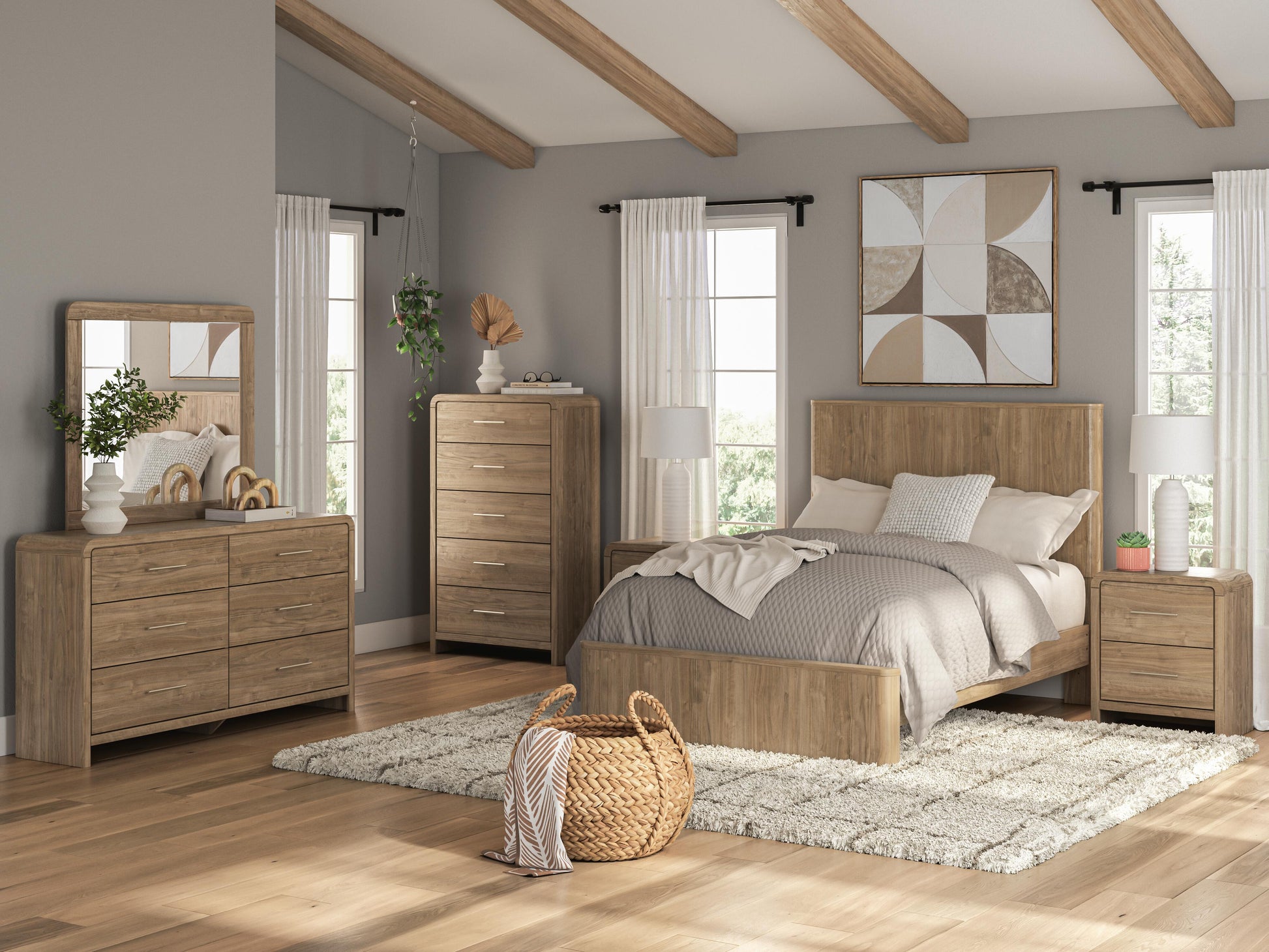 Gramburg Warm Natural Brown Full Panel Platform Bed- Viva Furn