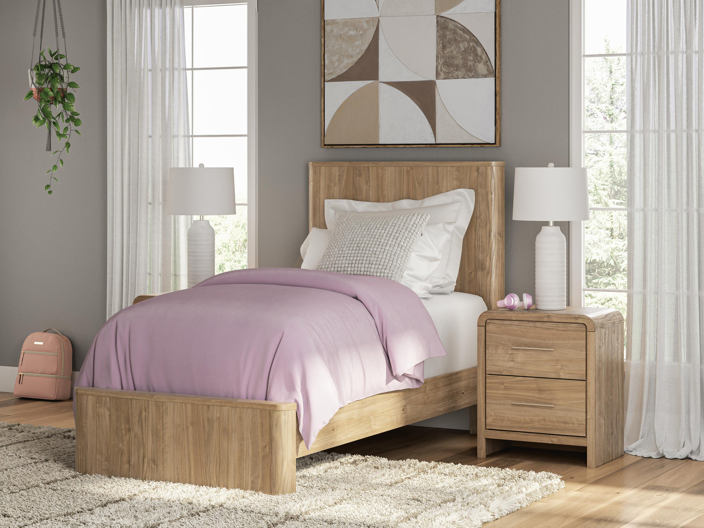 Gramburg Warm Natural Brown Twin Panel Platform Bed- Viva Furn