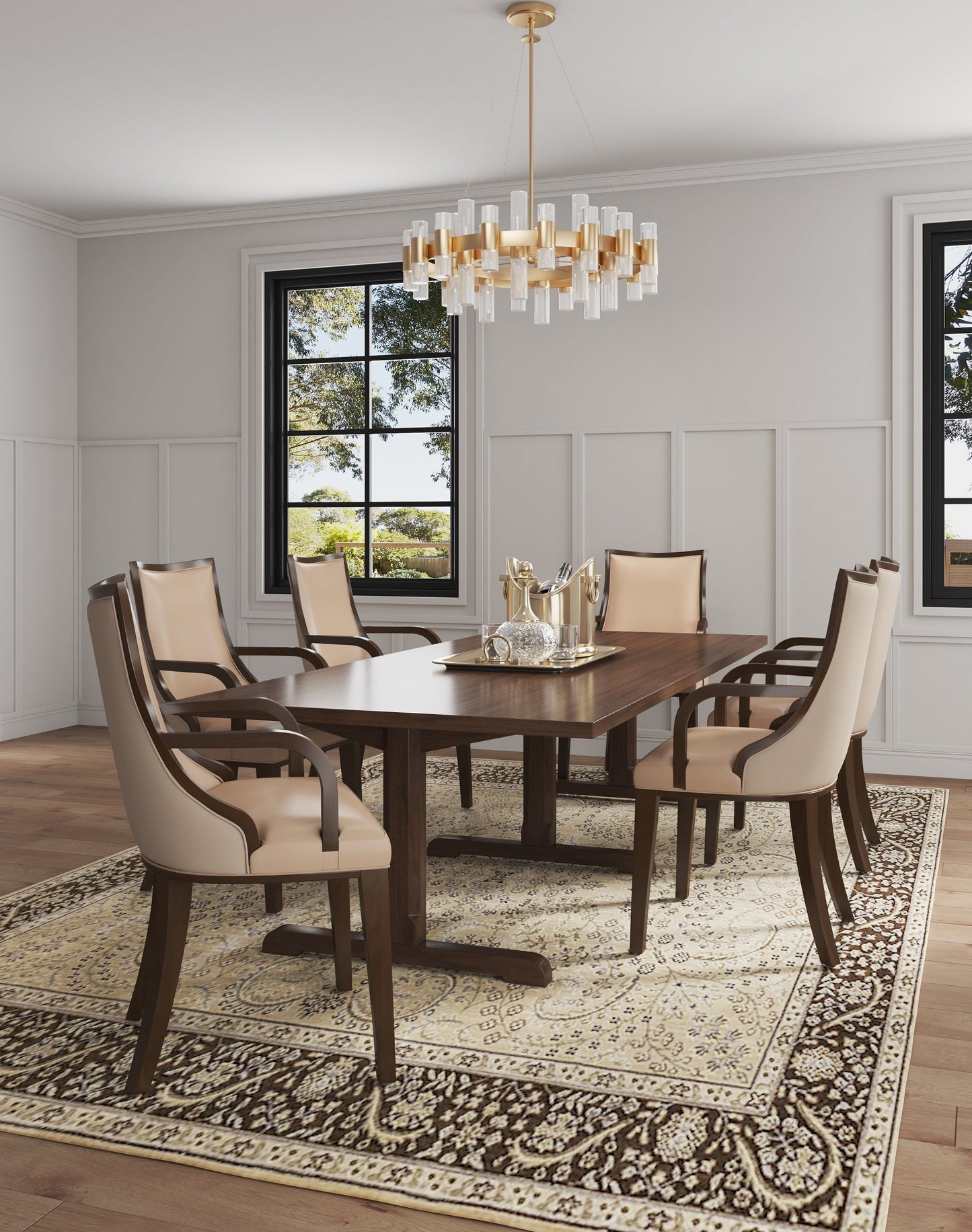 Grand Faux Leather and Velvet Dining Armchair in Tan - Ornate Home