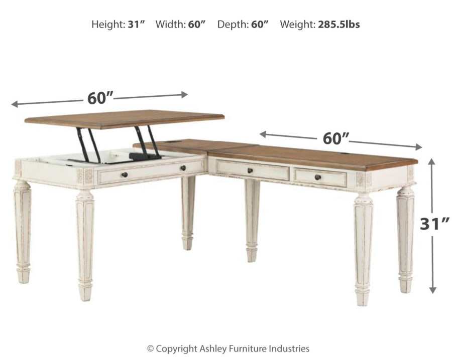 Realyn White/Brown 2pc Home Office L-Shaped Lift Top Desk