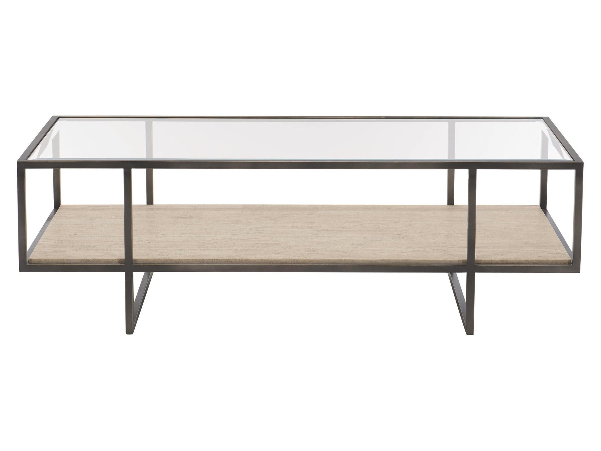 Harlow Glass/White Travertine/Oil-Rubbed Bronze Cocktail Table - Ornate Home