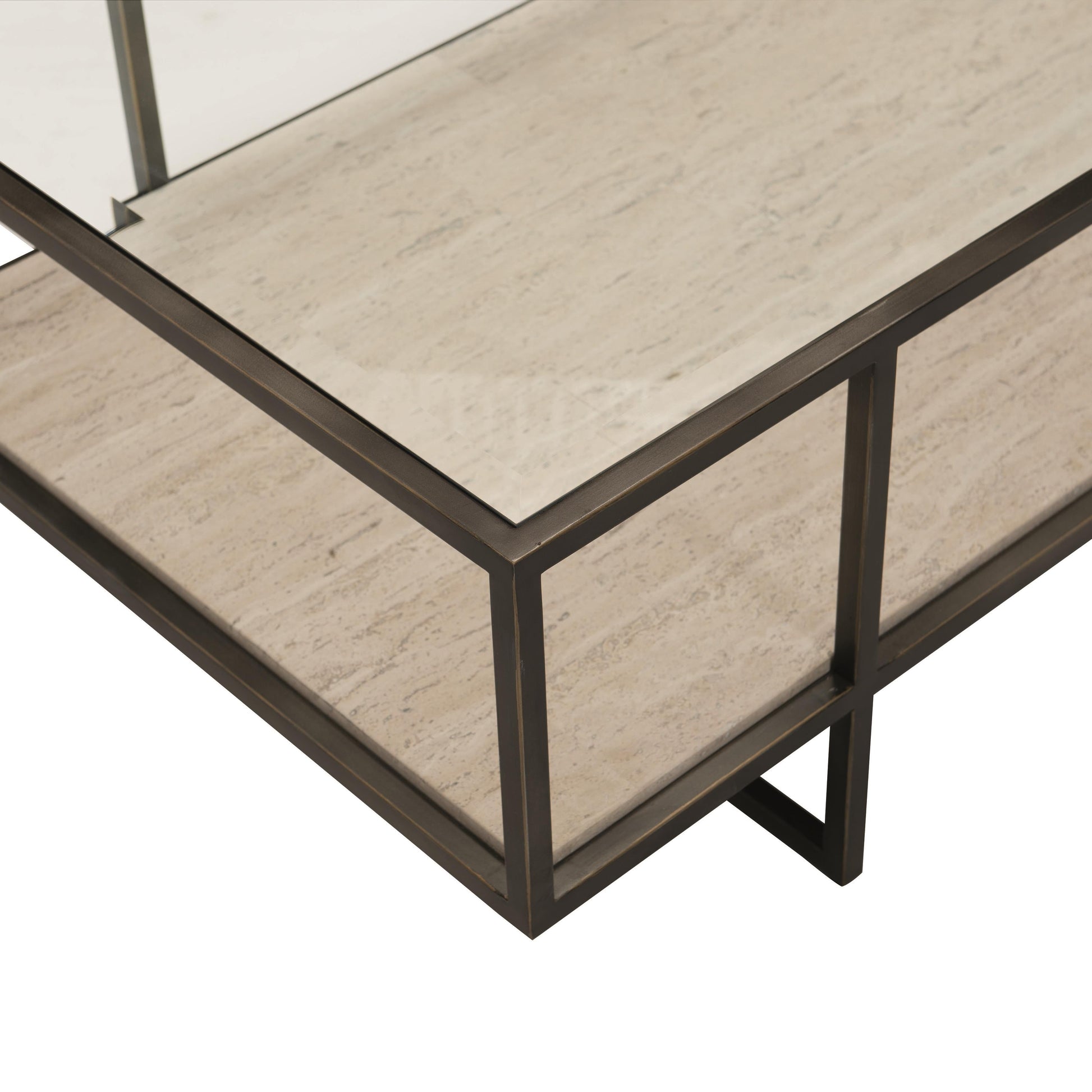 Harlow Glass/White Travertine/Oil-Rubbed Bronze Cocktail Table - Ornate Home