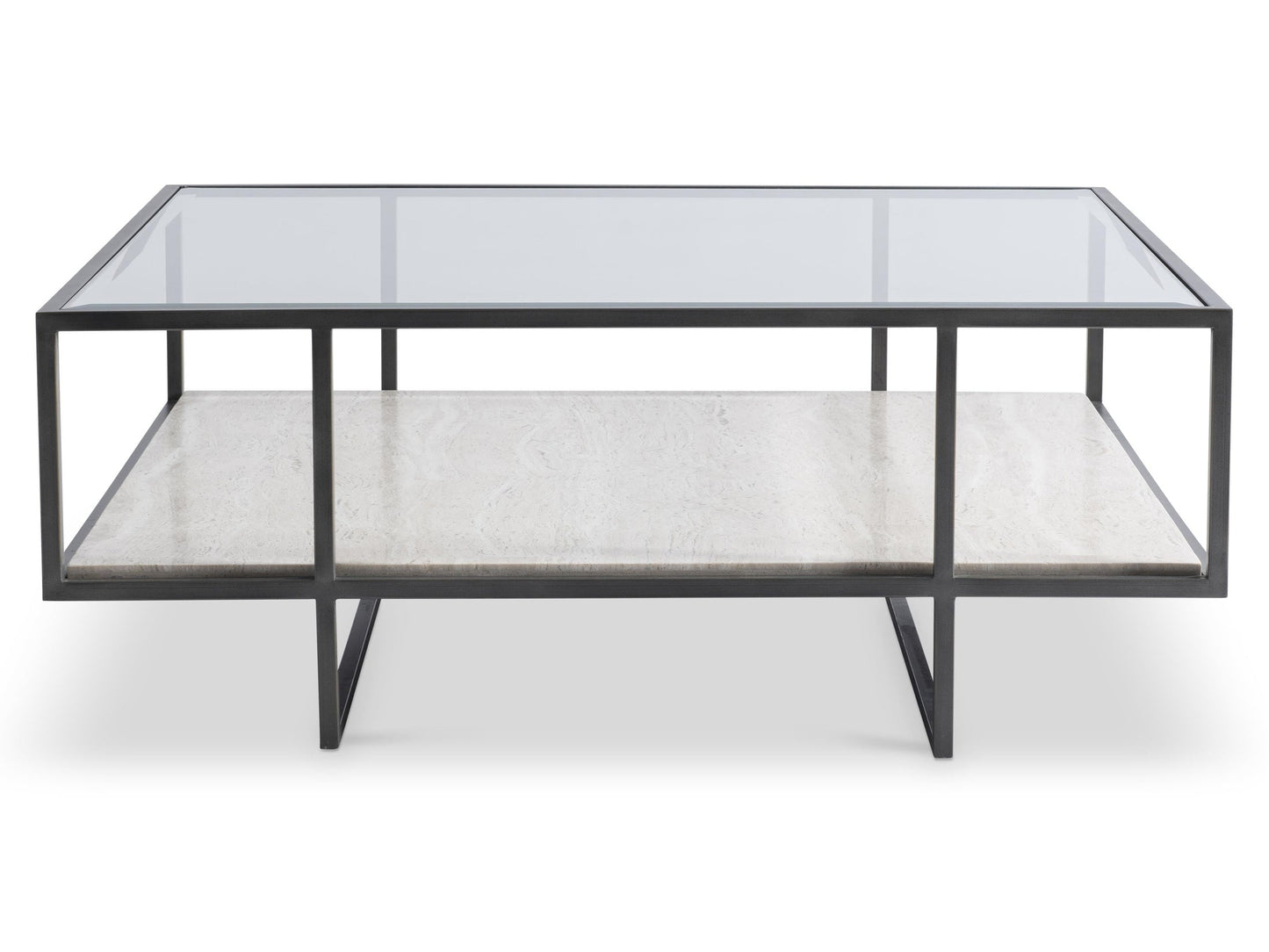 Harlow Glass/White Travertine/Oil-Rubbed Bronze Cocktail Table - Ornate Home