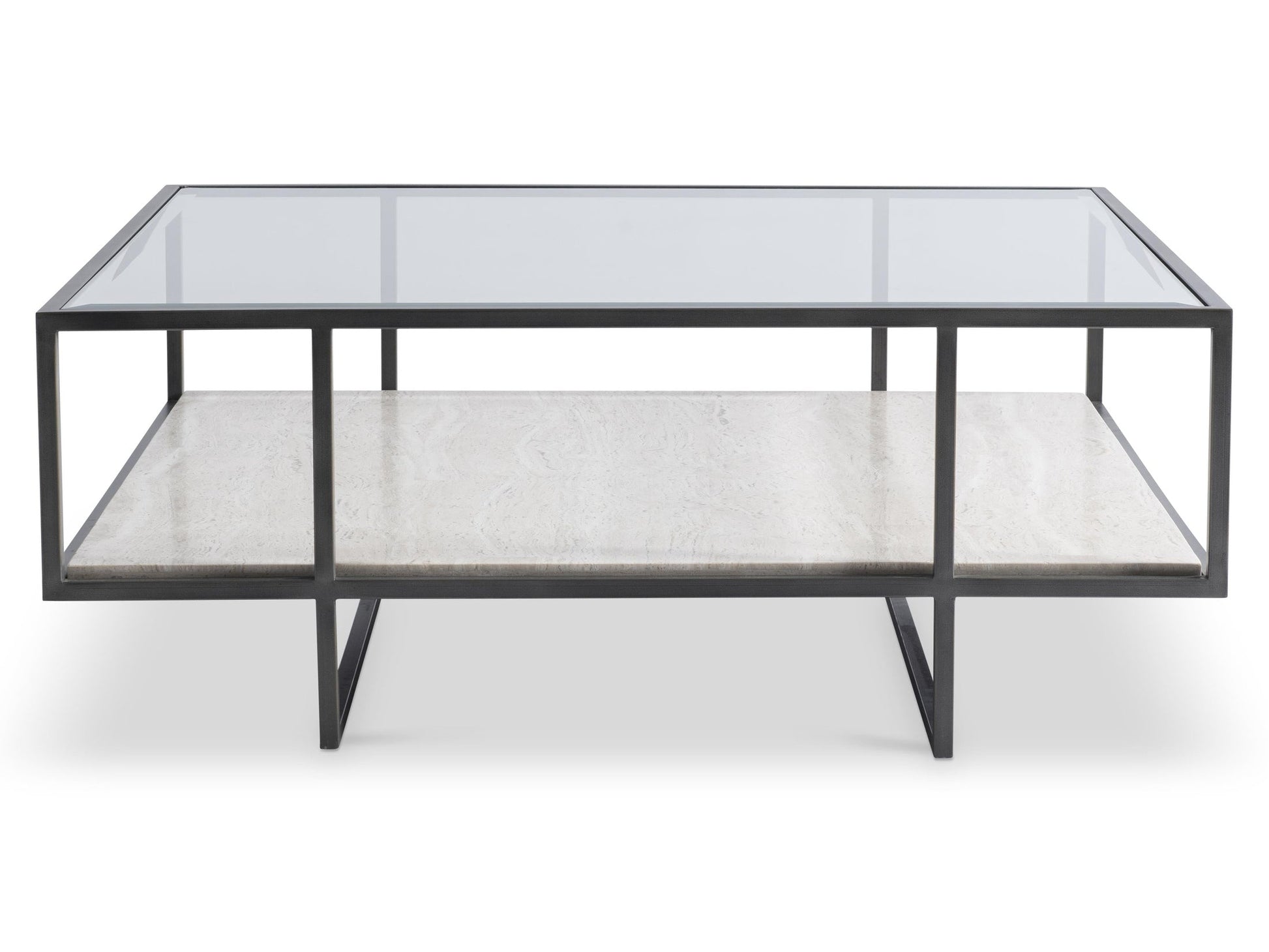 Harlow Glass/White Travertine/Oil-Rubbed Bronze Cocktail Table - Ornate Home