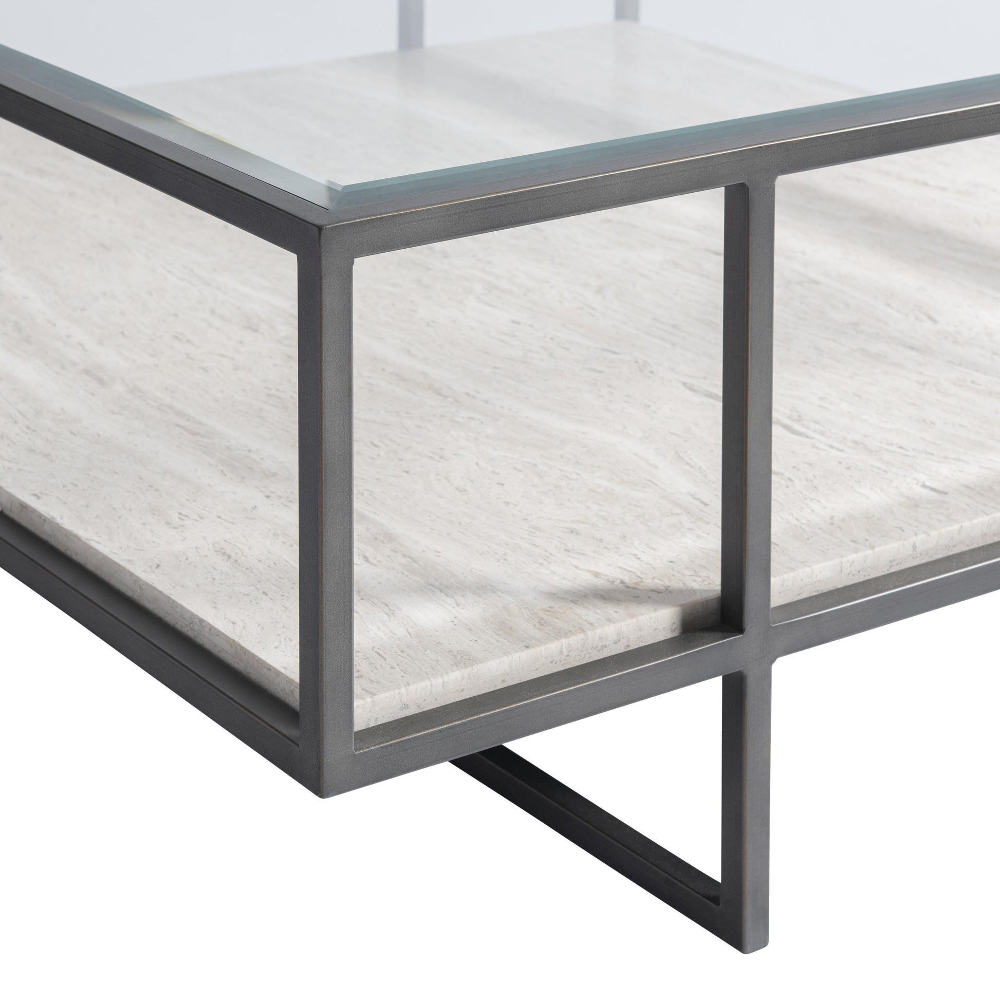 Harlow Glass/White Travertine/Oil-Rubbed Bronze Cocktail Table - Ornate Home