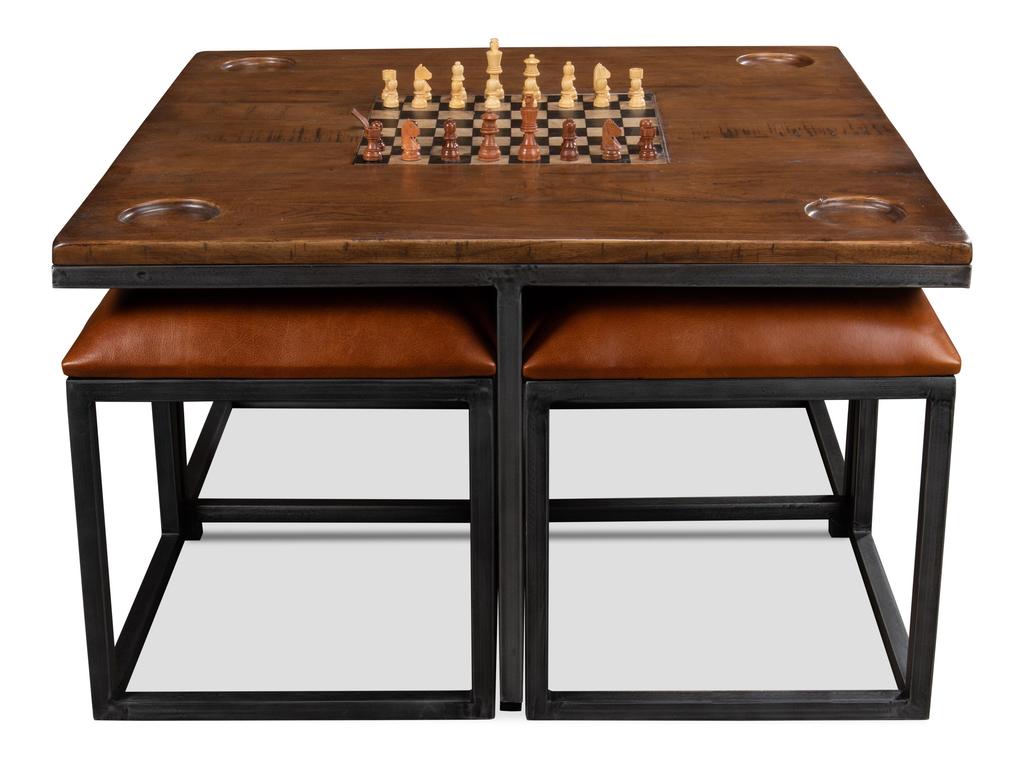 Heritage Games Brown Low Game Table With Four Stools - Ornate Home
